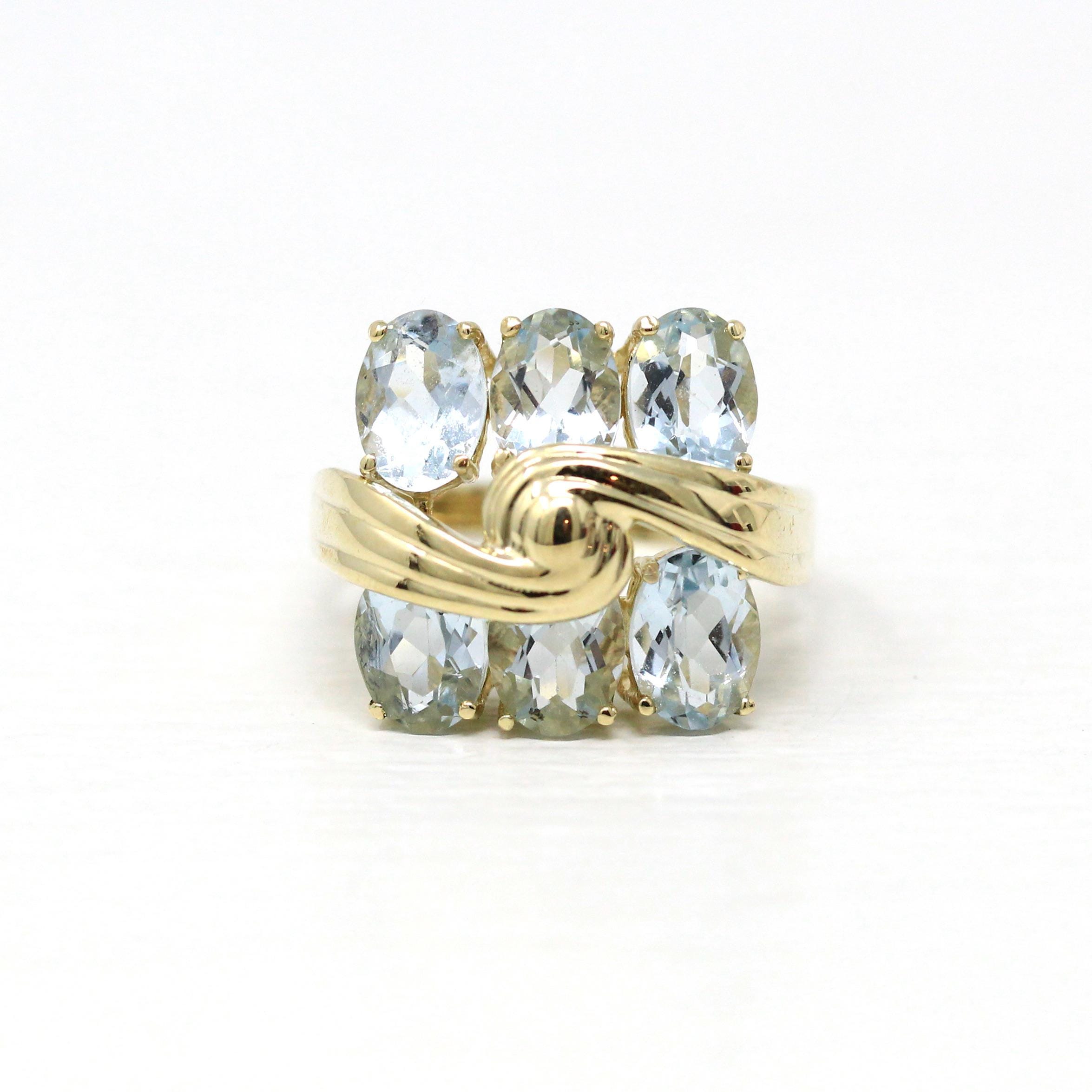 Genuine Aquamarine Ring - Modern 10k Yellow Gold Oval Faceted Blue Gemstones - Estate Circa 2000's Era Size 6 3/4 Statement Fine Jewelry