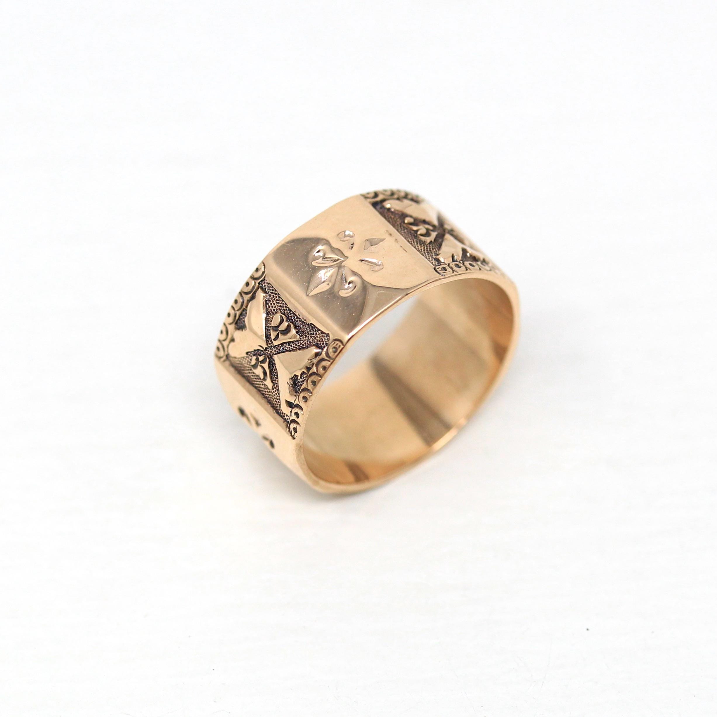 Antique Cigar Band - Victorian 10k Yellow Gold Engraved Designs Thumb Ring - Circa 1890s Era Size 6 Statement Wedding Fine Jewelry