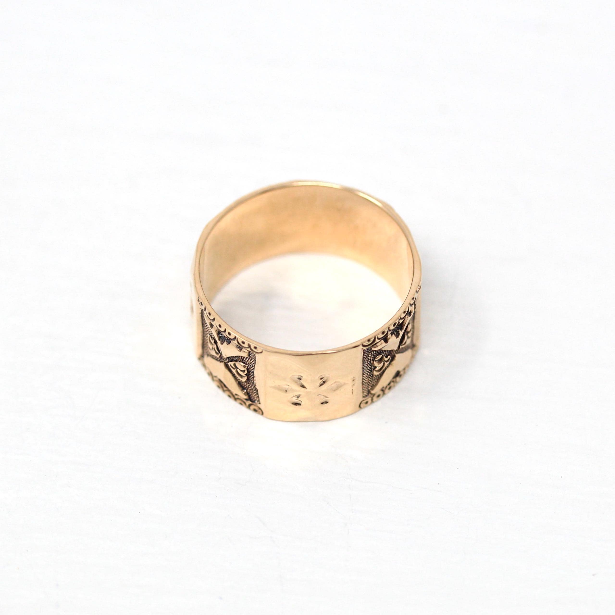 Antique Cigar Band - Victorian 10k Yellow Gold Engraved Designs Thumb Ring - Circa 1890s Era Size 6 Statement Wedding Fine Jewelry