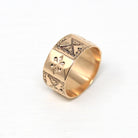 Antique Cigar Band - Victorian 10k Yellow Gold Engraved Designs Thumb Ring - Circa 1890s Era Size 6 Statement Wedding Fine Jewelry