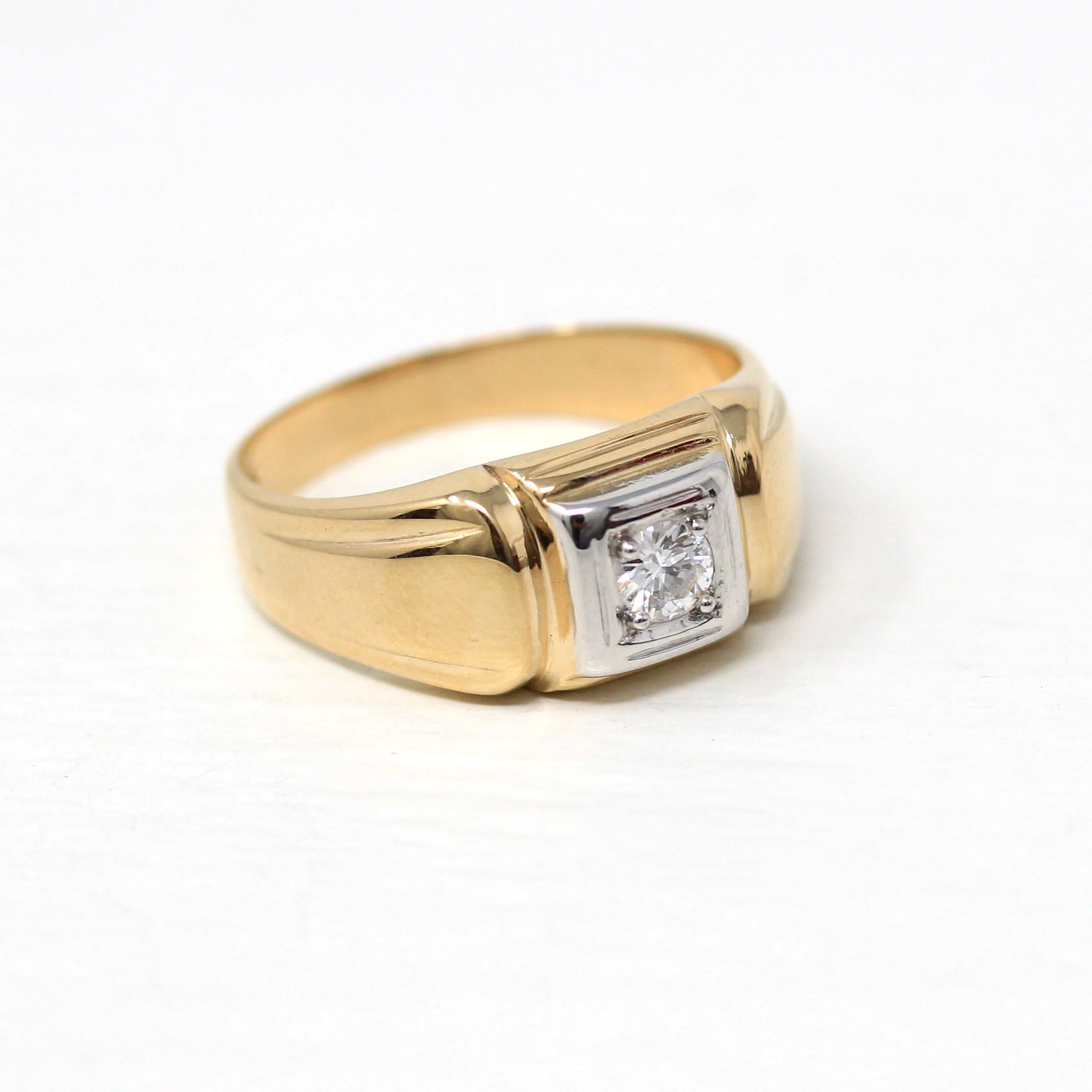 Vintage Diamond Ring - Retro 14k Yellow & White Gold .22 CT Unisex Men's Band - Circa 1940s Era Size 10 Two Tone Engagement Fine 40s Jewelry