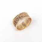 Antique Cigar Band - Victorian 10k Rosy Yellow Gold Engraved Designs Eternity Ring - Circa 1890s Era Size 7 3/4 Symbolic Nature Fine Jewelry