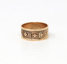 Antique Cigar Band - Victorian 10k Rosy Yellow Gold Engraved Designs Eternity Ring - Circa 1890s Era Size 7 3/4 Symbolic Nature Fine Jewelry