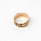 Antique Cigar Band - Victorian 10k Rosy Yellow Gold Engraved Designs Eternity Ring - Circa 1890s Era Size 7 3/4 Symbolic Nature Fine Jewelry