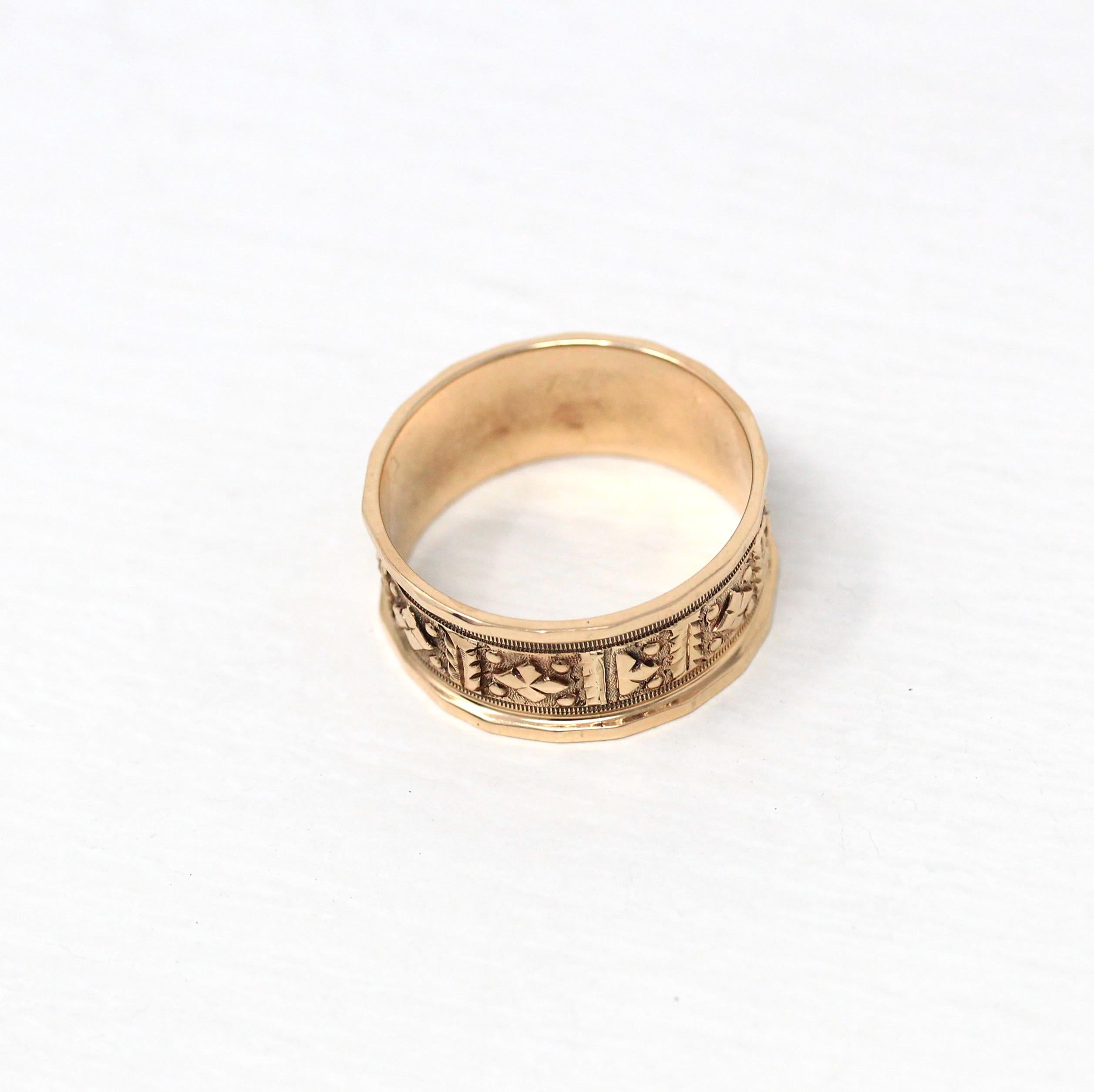 Antique Cigar Band - Victorian 10k Rosy Yellow Gold Engraved Designs Eternity Ring - Circa 1890s Era Size 7 3/4 Symbolic Nature Fine Jewelry