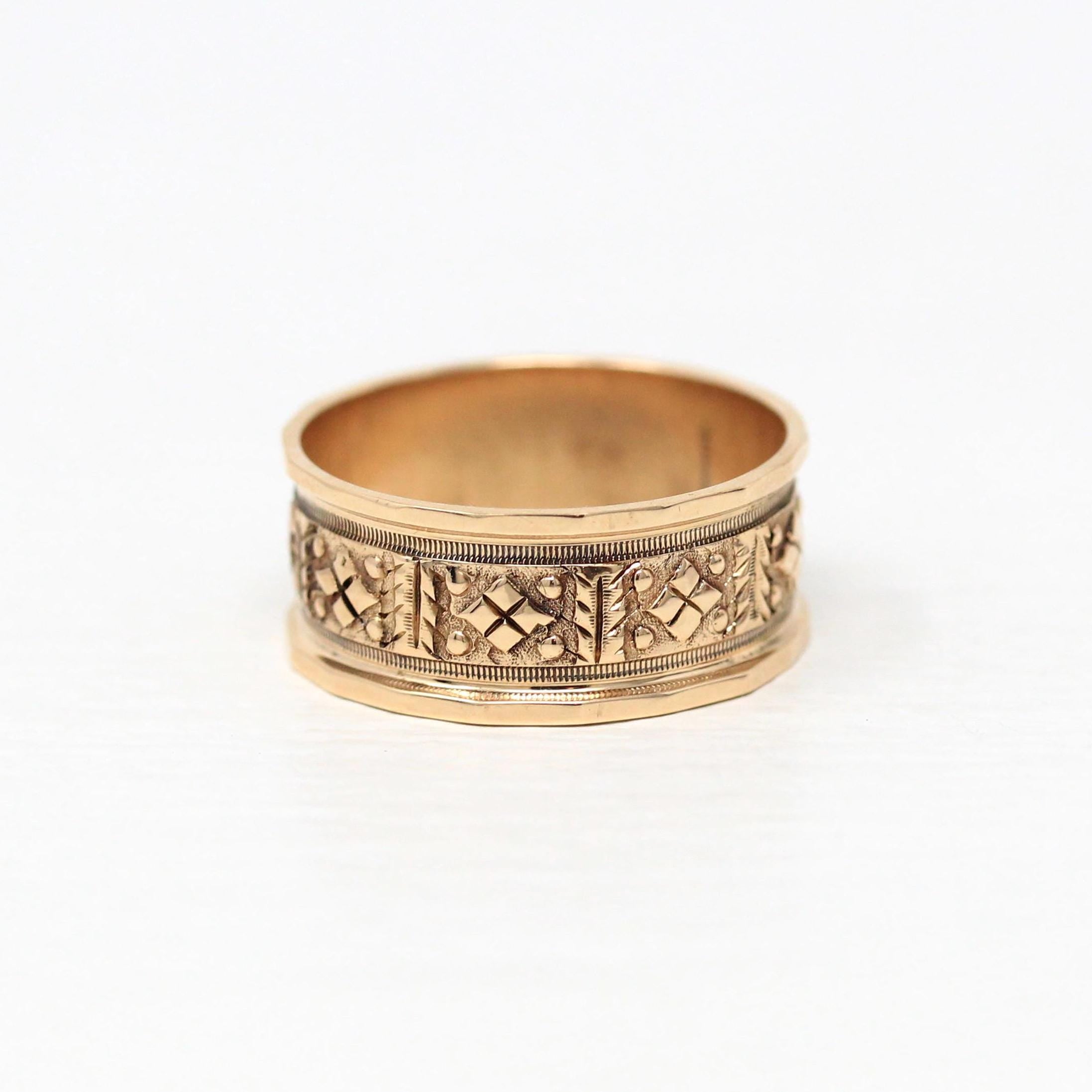 Antique Cigar Band - Victorian 10k Rosy Yellow Gold Engraved Designs Eternity Ring - Circa 1890s Era Size 7 3/4 Symbolic Nature Fine Jewelry