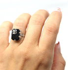 Letter "B" Ring - Art Deco 14k White Gold Genuine Black Onyx Old English Filigree - Vintage Circa 1930 Era Size 6 1/4 Statement Fine Jewelry