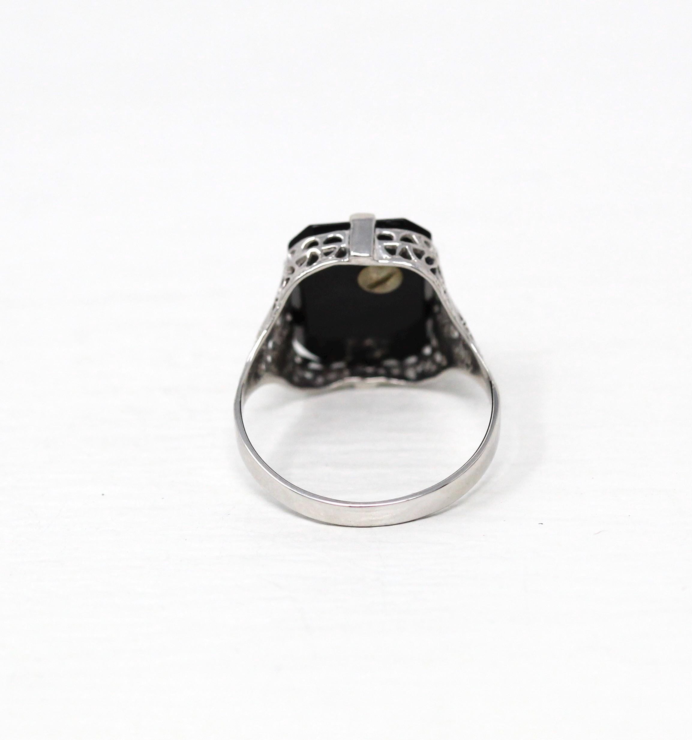 Letter "B" Ring - Art Deco 14k White Gold Genuine Black Onyx Old English Filigree - Vintage Circa 1930 Era Size 6 1/4 Statement Fine Jewelry