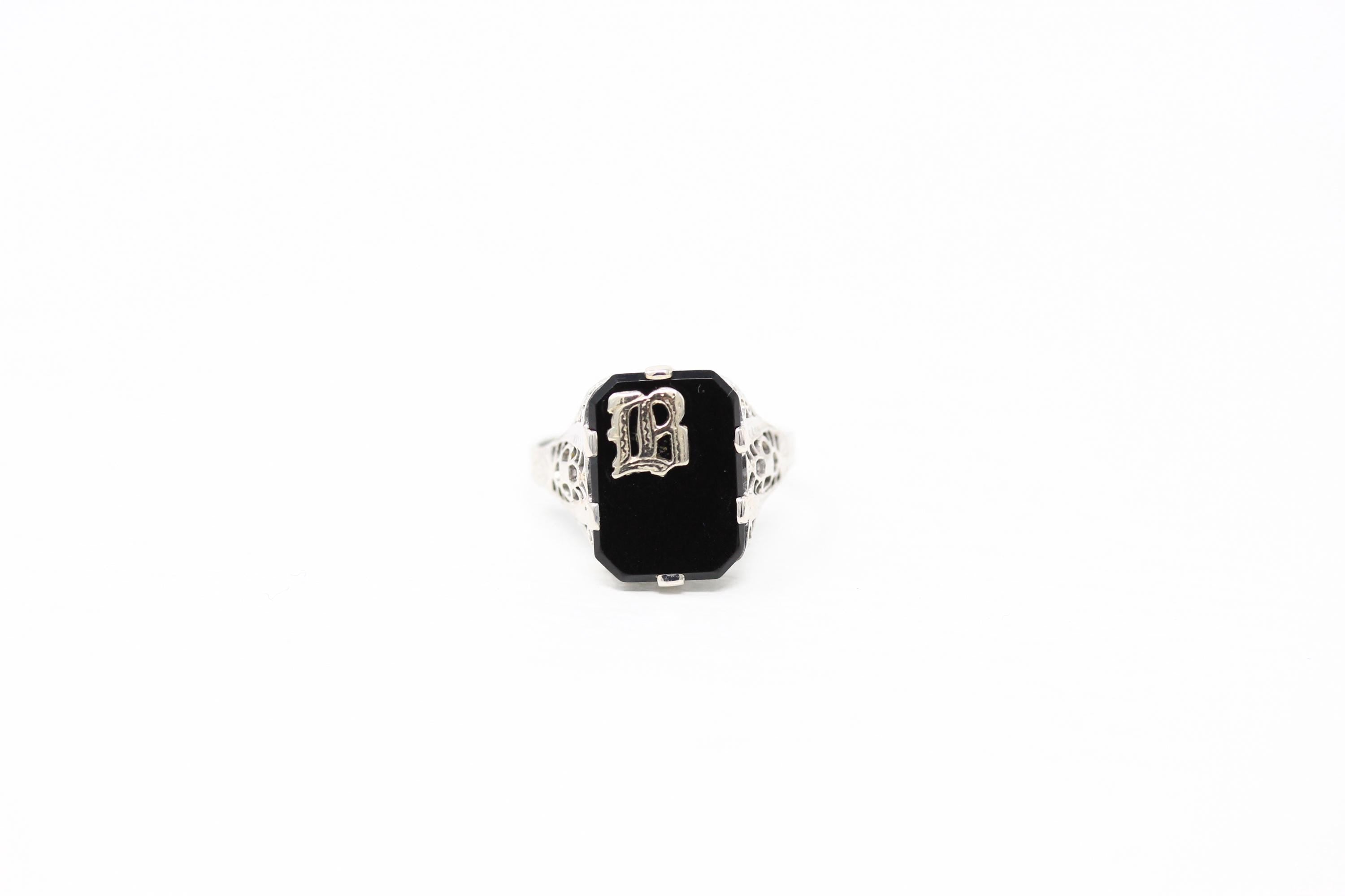 Letter "B" Ring - Art Deco 14k White Gold Genuine Black Onyx Old English Filigree - Vintage Circa 1930 Era Size 6 1/4 Statement Fine Jewelry