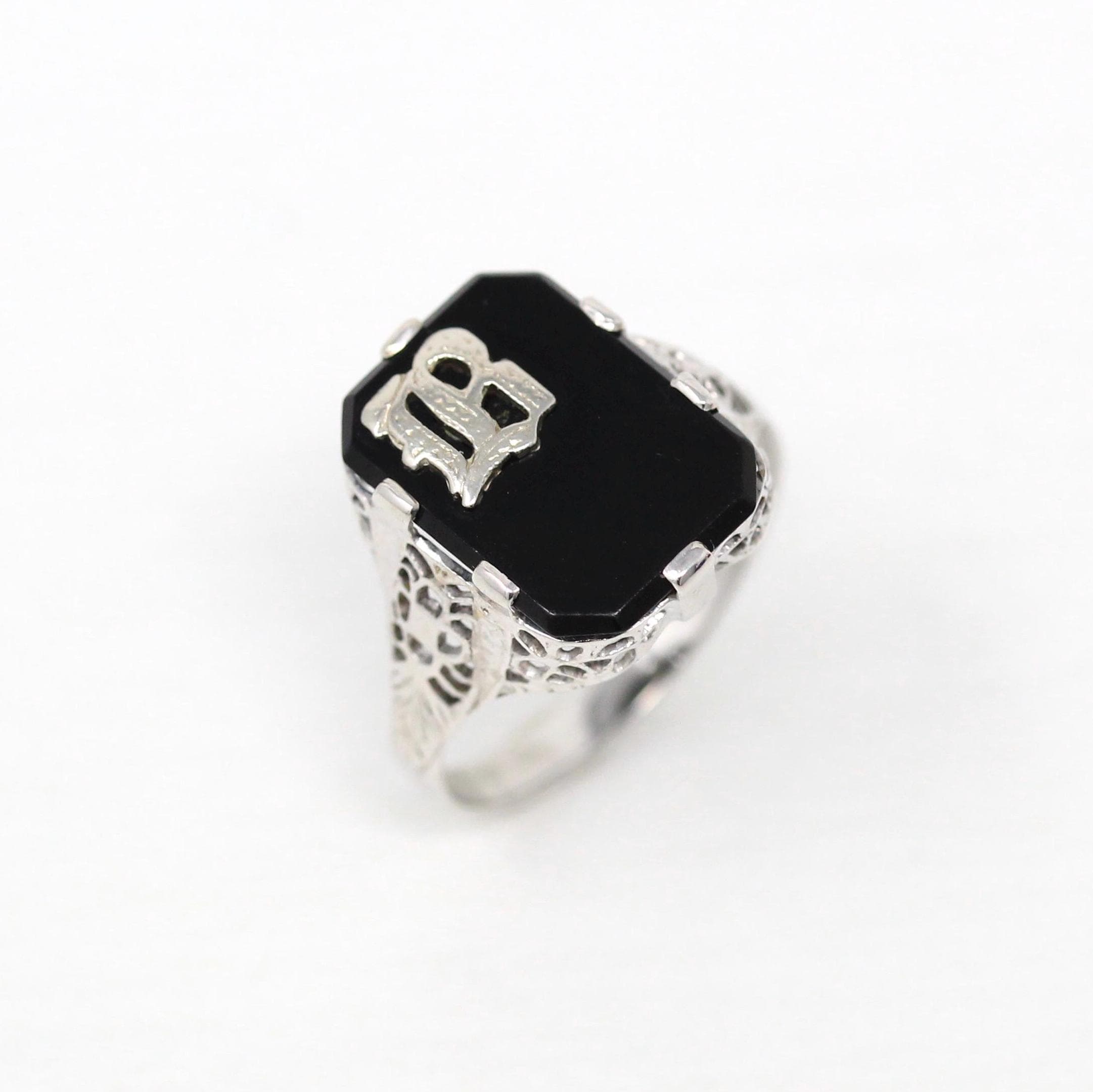 Letter "B" Ring - Art Deco 14k White Gold Genuine Black Onyx Old English Filigree - Vintage Circa 1930 Era Size 6 1/4 Statement Fine Jewelry