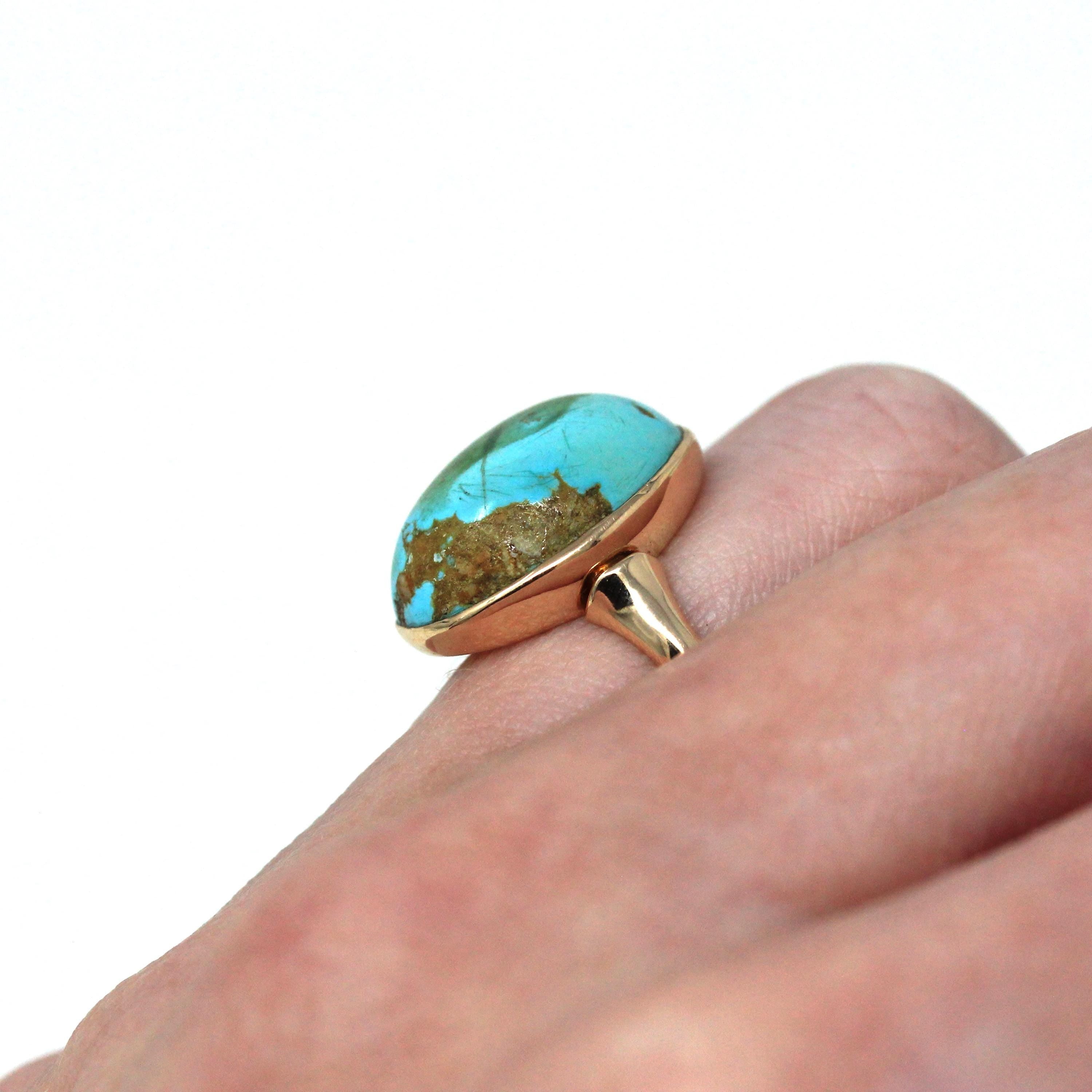 Antique Turquoise Ring - Vintage Edwardian 10k Rose Gold Genuine Blue Green Gem Oval Cabochon Statement - Size 4 3/4 Circa 1900 Fine Jewelry