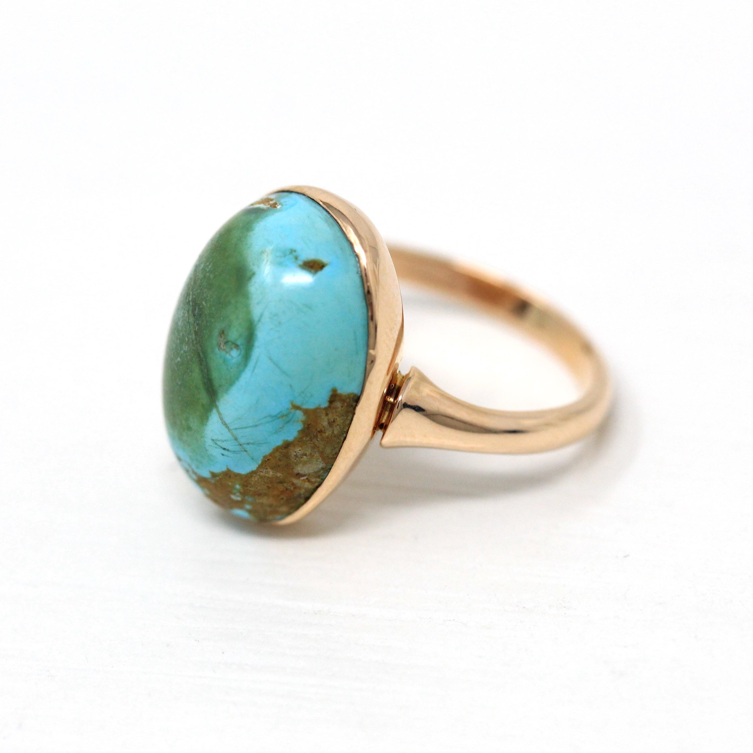 Antique Turquoise Ring - Vintage Edwardian 10k Rose Gold Genuine Blue Green Gem Oval Cabochon Statement - Size 4 3/4 Circa 1900 Fine Jewelry