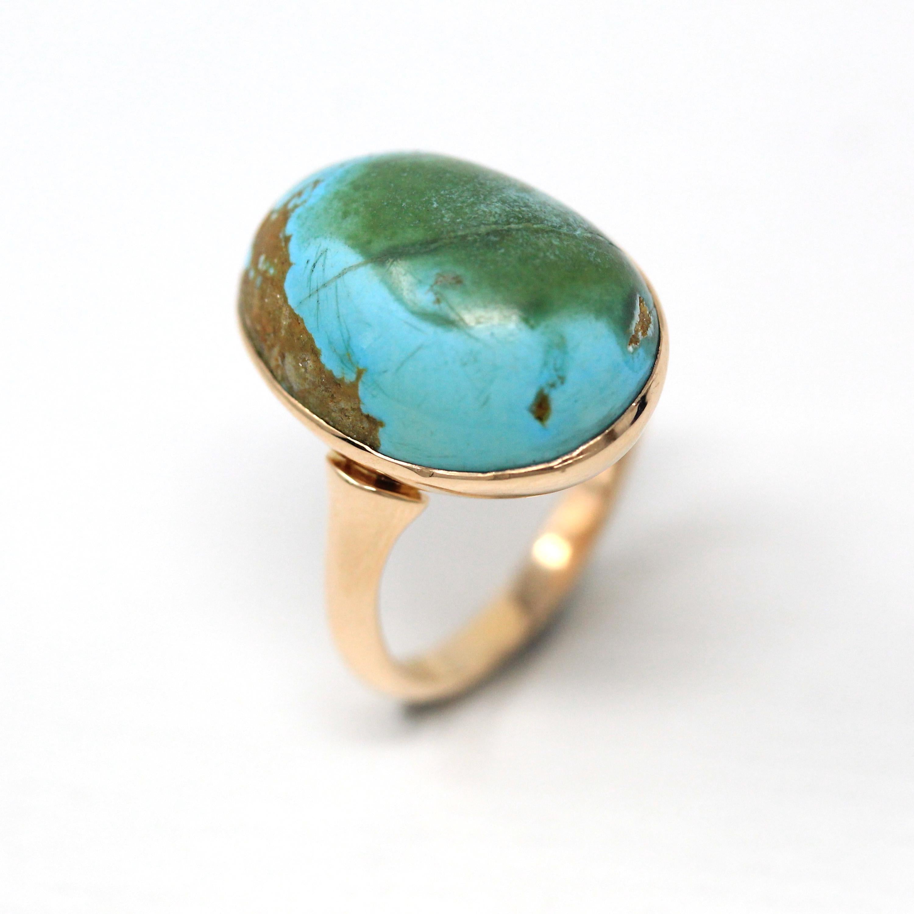 Antique Turquoise Ring - Vintage Edwardian 10k Rose Gold Genuine Blue Green Gem Oval Cabochon Statement - Size 4 3/4 Circa 1900 Fine Jewelry