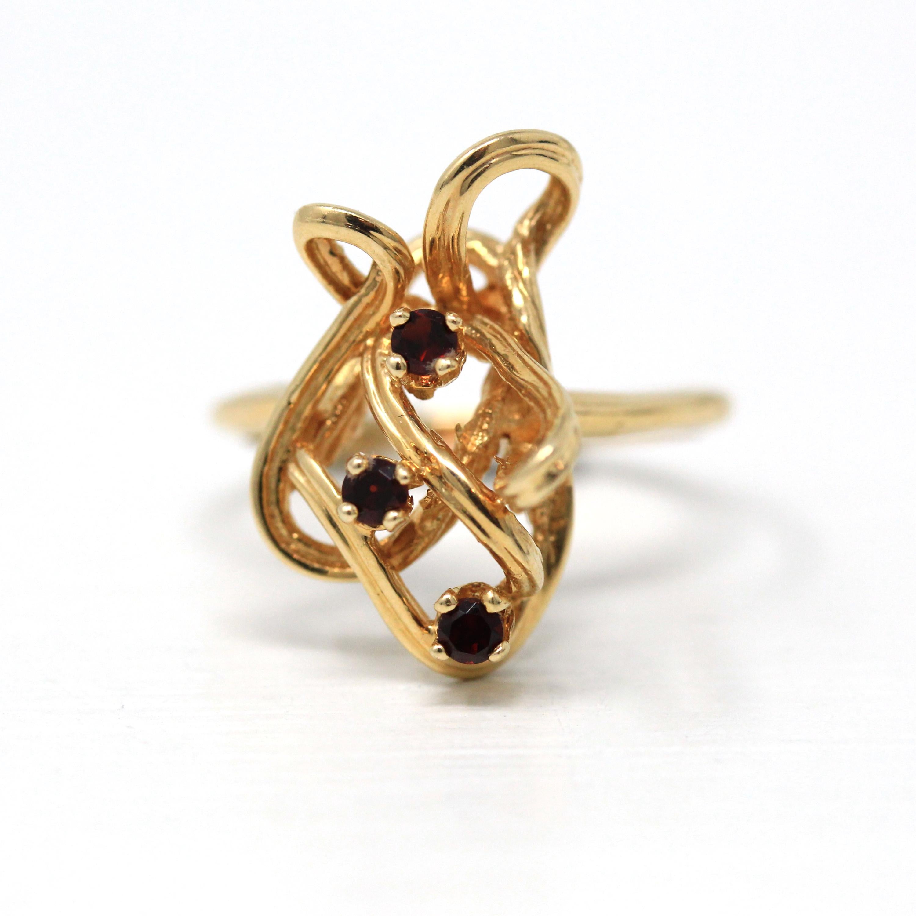 Vintage Garnet Ring - Retro 14k Yellow Gold Genuine Red Gemstones - Circa 1970s Size 7 3/4 January Birthstone Freeform Tangle Fine Jewelry