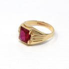 Created Ruby Ring - Retro 10k Yellow Gold Faceted 2.05 ct Rectangular Stone - Vintage Circa 1960s Size 5 3/4 New Old Stock Statement Jewelry