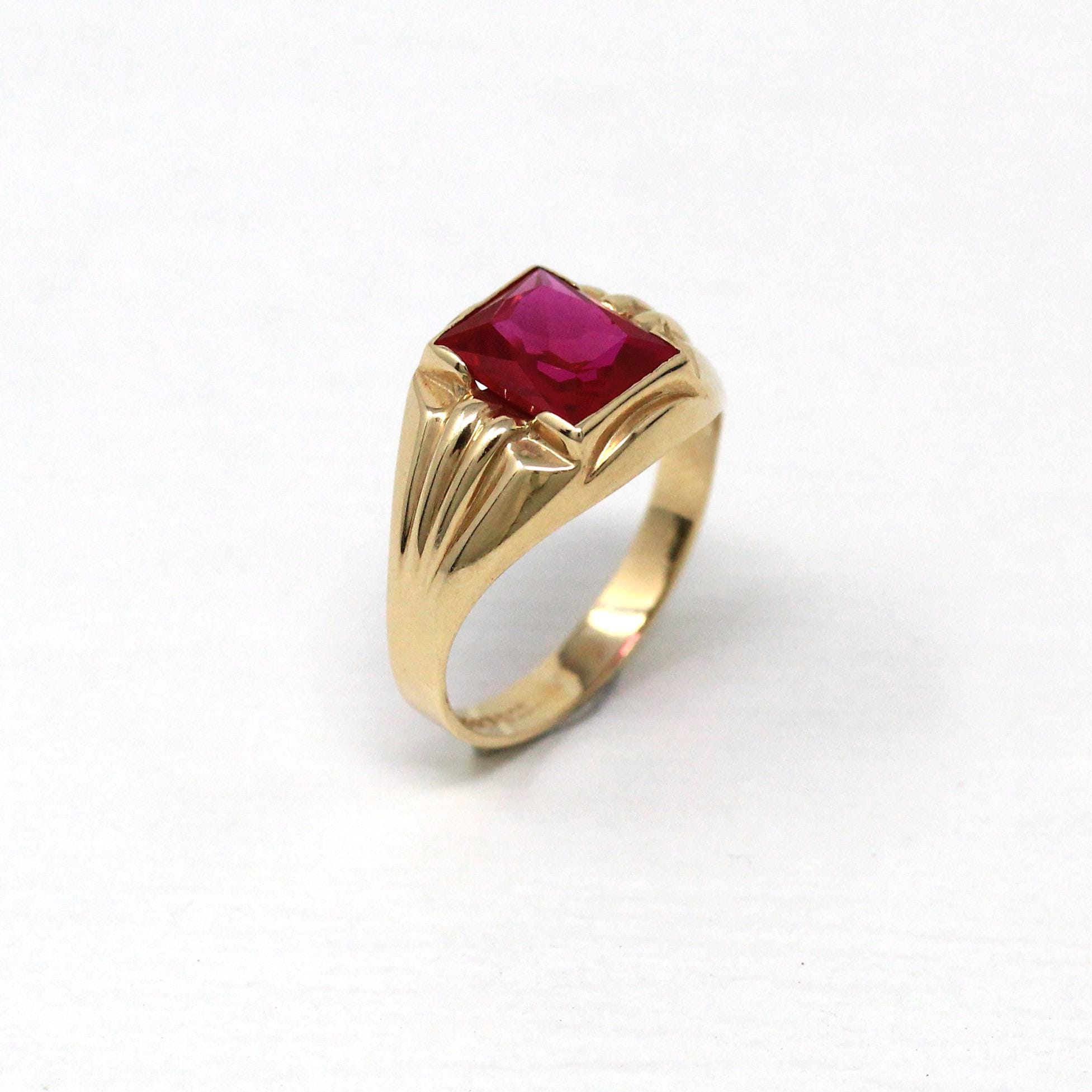 Created Ruby Ring - Retro 10k Yellow Gold Faceted 2.05 ct Rectangular Stone - Vintage Circa 1960s Size 5 3/4 New Old Stock Statement Jewelry