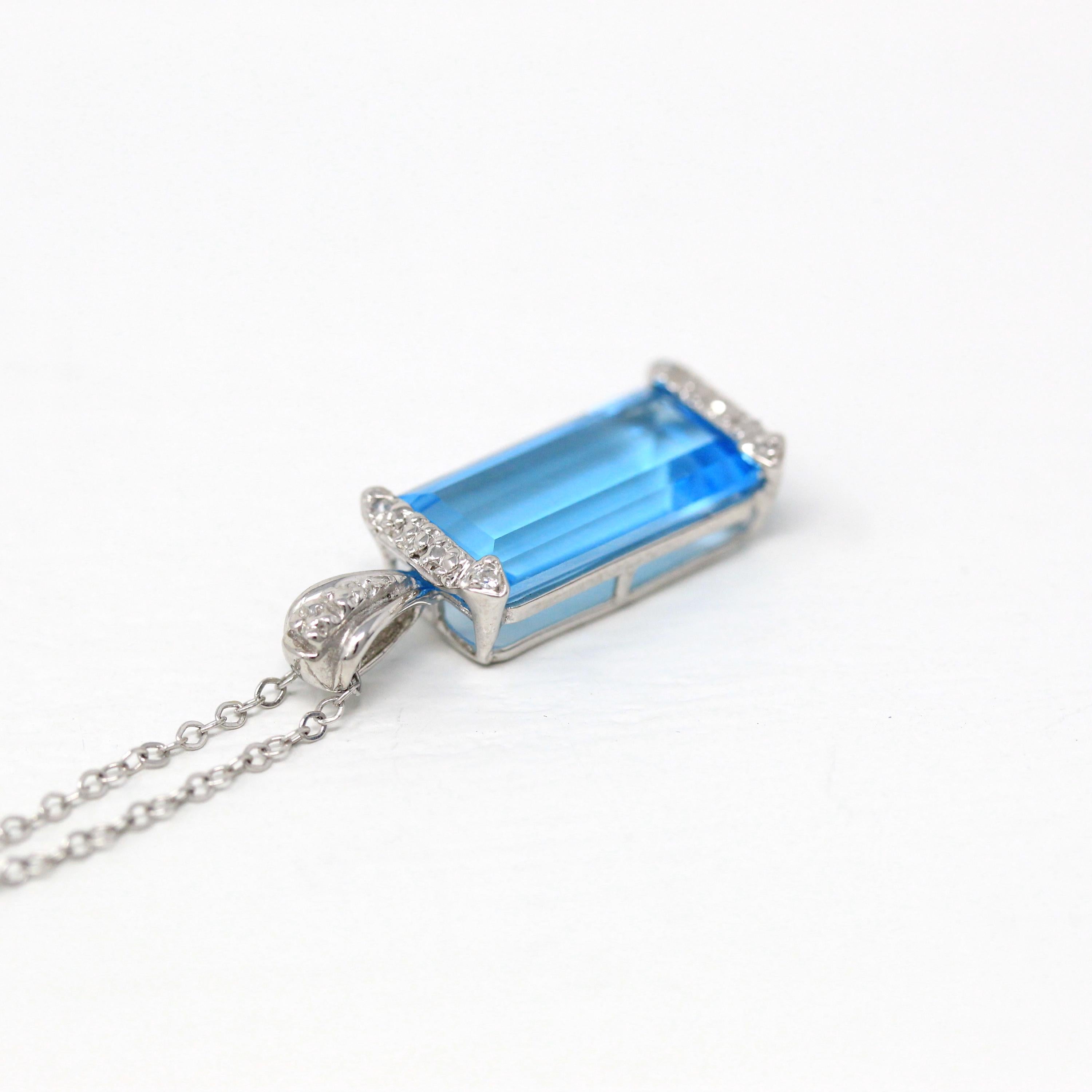 Swiss Blue Topaz Pendant - Estate 14k White Gold Rectangular Faceted 5.86 CT Blue Gem - Modern Circa 2000s Era Diamond Necklace Fine Jewelry