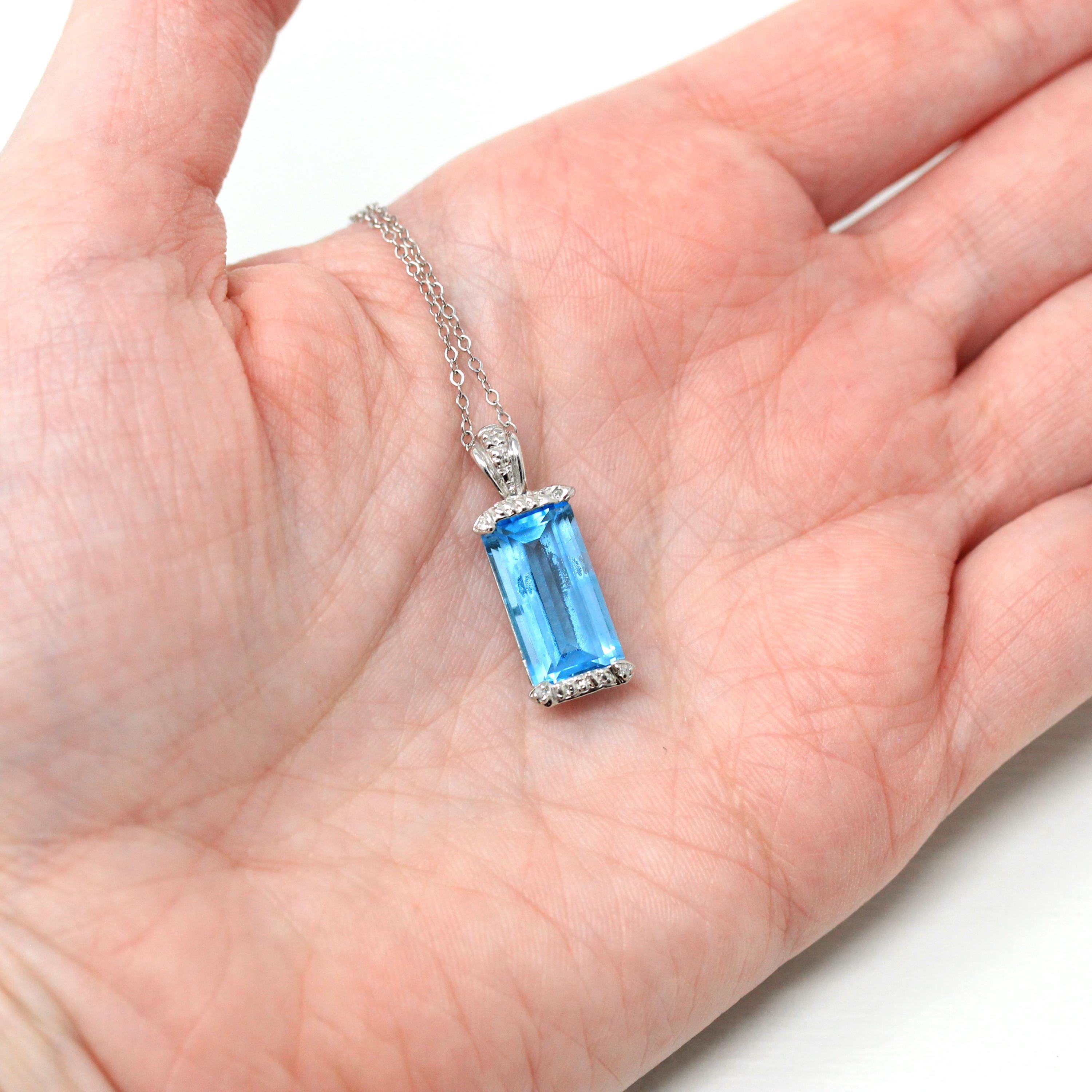 Swiss Blue Topaz Pendant - Estate 14k White Gold Rectangular Faceted 5.86 CT Blue Gem - Modern Circa 2000s Era Diamond Necklace Fine Jewelry