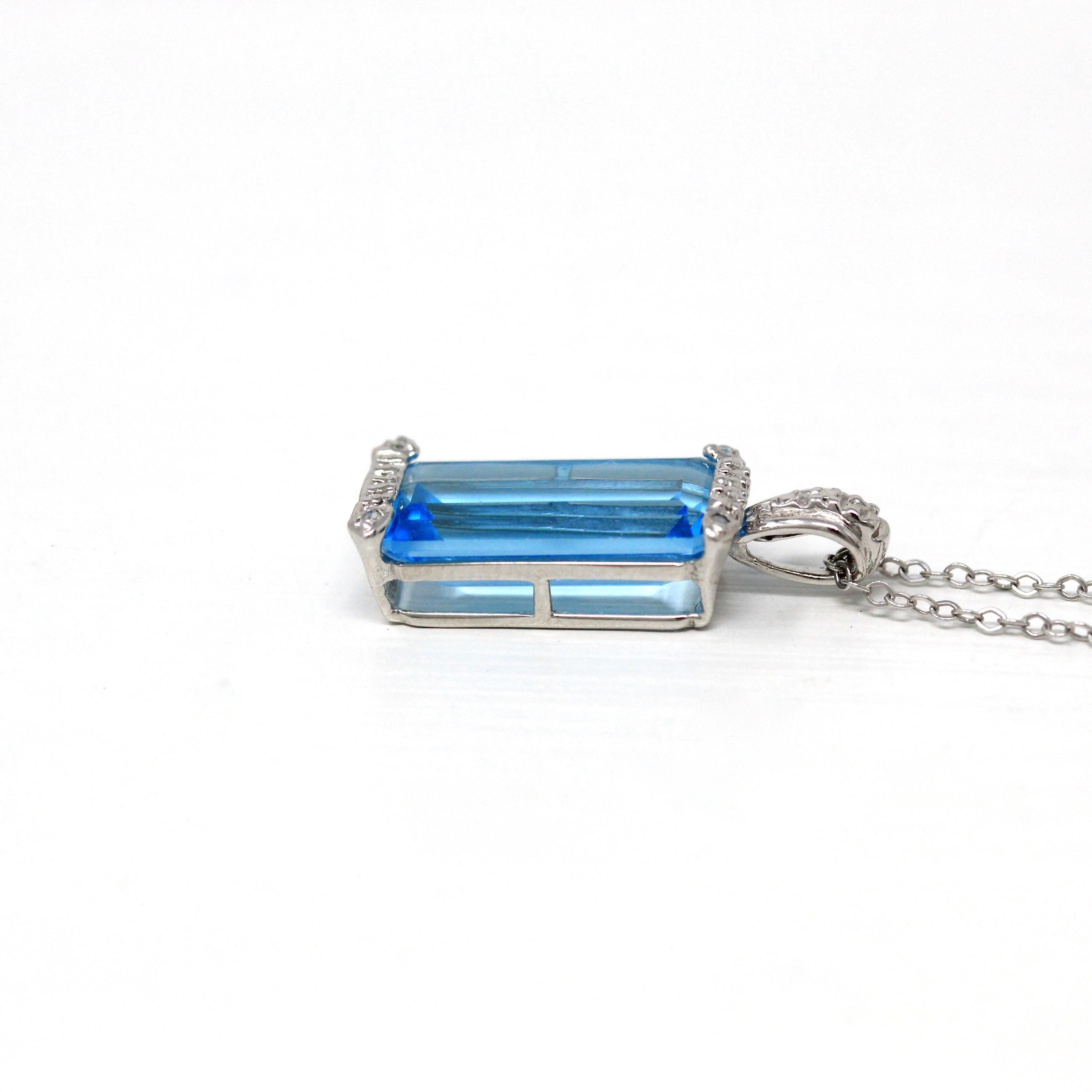 Swiss Blue Topaz Pendant - Estate 14k White Gold Rectangular Faceted 5.86 CT Blue Gem - Modern Circa 2000s Era Diamond Necklace Fine Jewelry