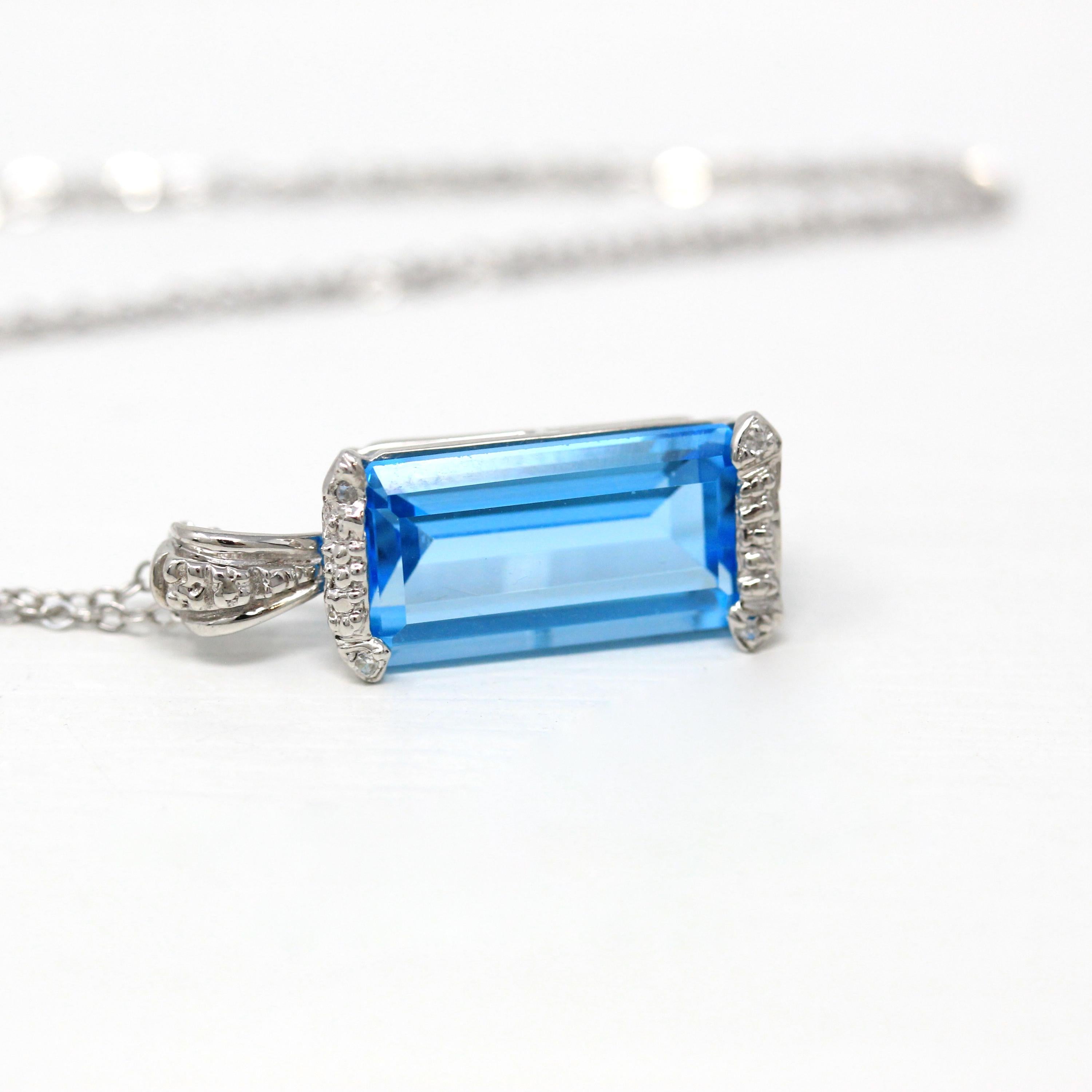 Swiss Blue Topaz Pendant - Estate 14k White Gold Rectangular Faceted 5.86 CT Blue Gem - Modern Circa 2000s Era Diamond Necklace Fine Jewelry