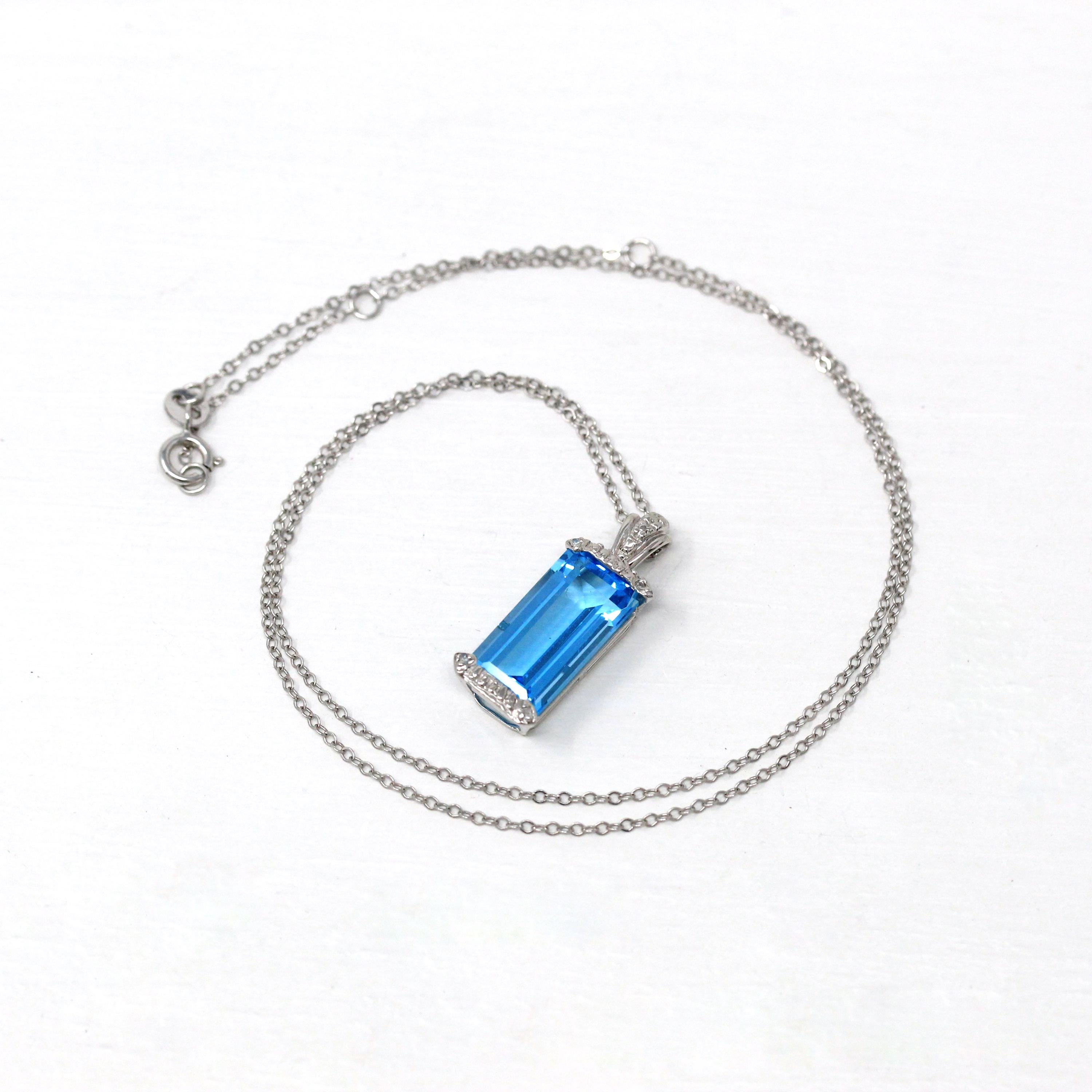 Swiss Blue Topaz Pendant - Estate 14k White Gold Rectangular Faceted 5.86 CT Blue Gem - Modern Circa 2000s Era Diamond Necklace Fine Jewelry