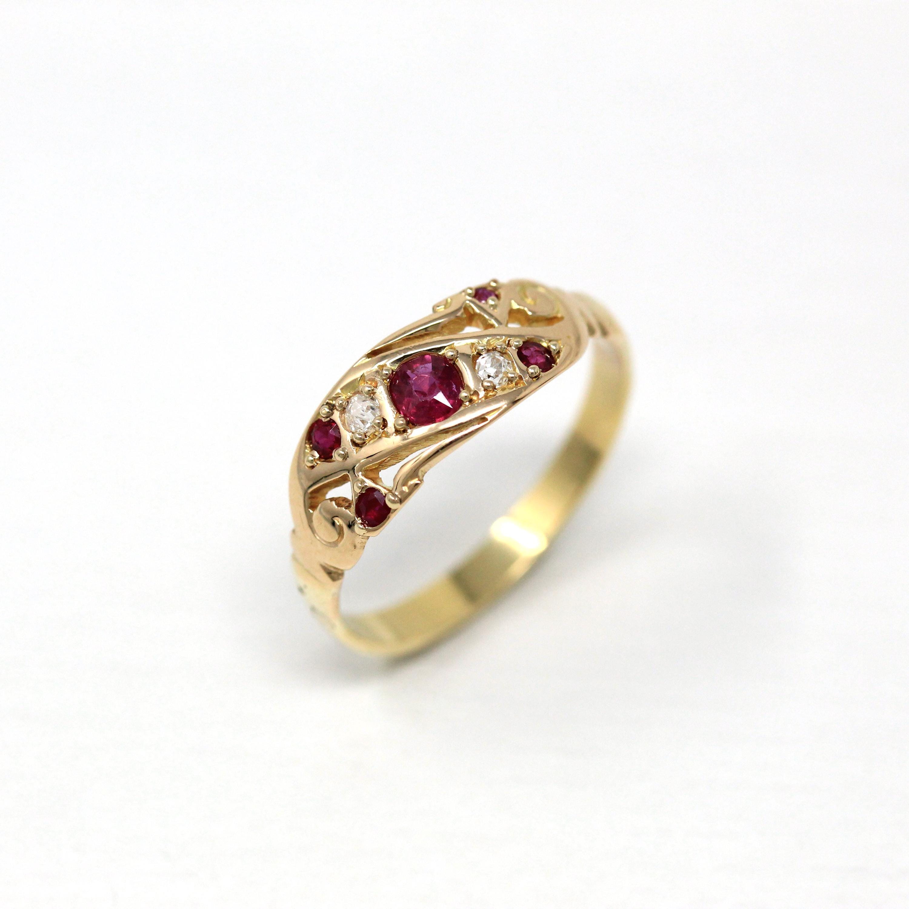 Genuine Ruby Band - Edwardian 18k Yellow Gold Genuine Diamond Ring - Antique Circa 1910s Era English Size 5 3/4 Fine July Birthstone Jewelry