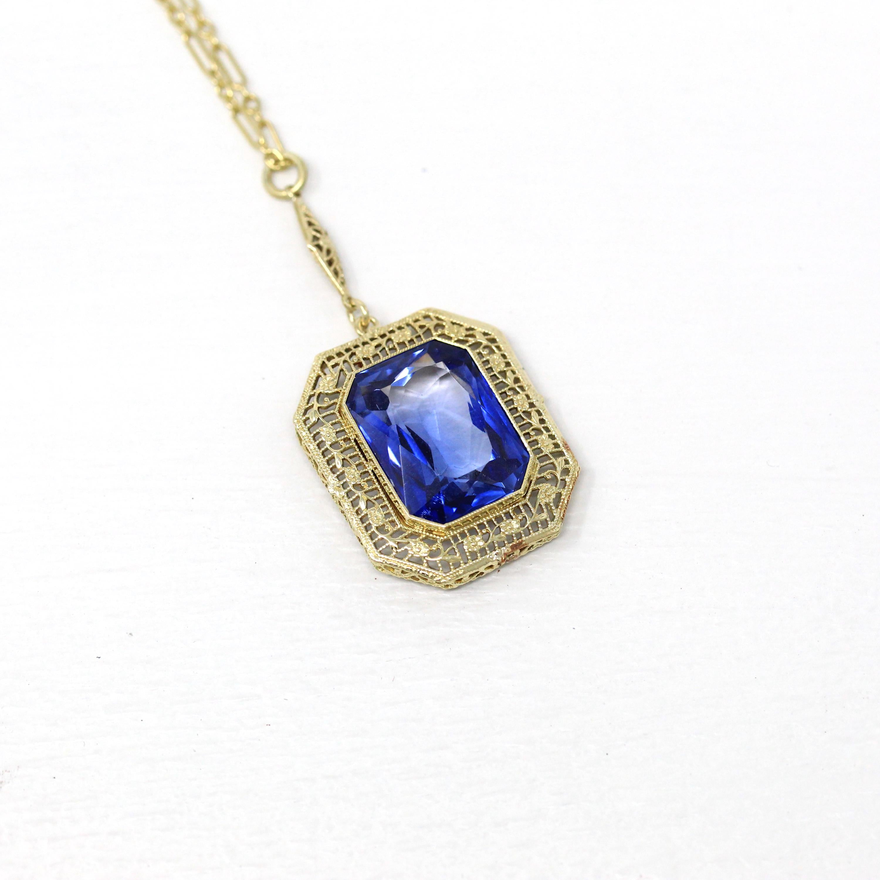 Art Deco Necklace - Vintage 14k Yellow Gold 10.91 CT Created Sapphire Statement - Circa 1930s Era Flower Filigree September Fine 30s Jewelry