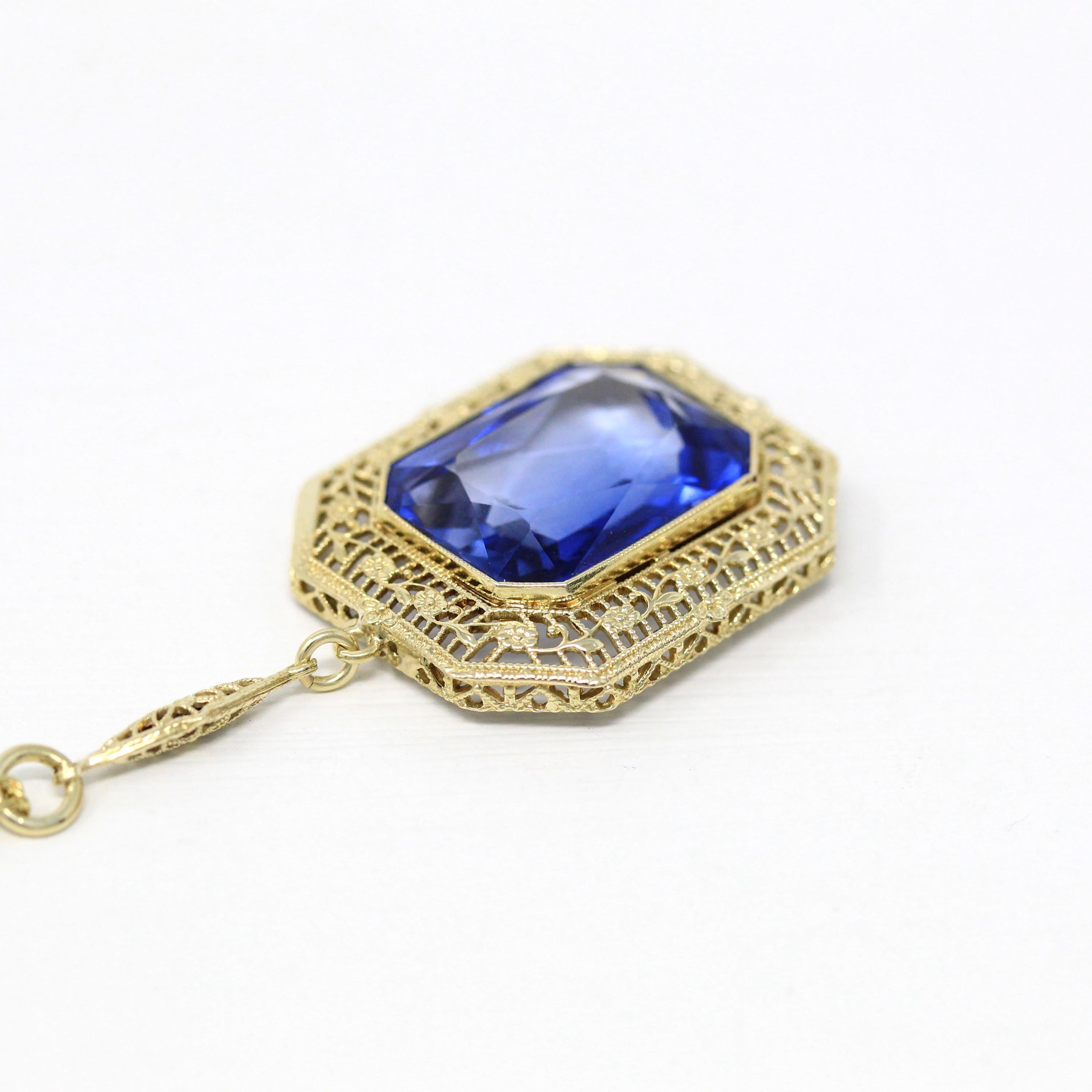 Art Deco Necklace - Vintage 14k Yellow Gold 10.91 CT Created Sapphire Statement - Circa 1930s Era Flower Filigree September Fine 30s Jewelry