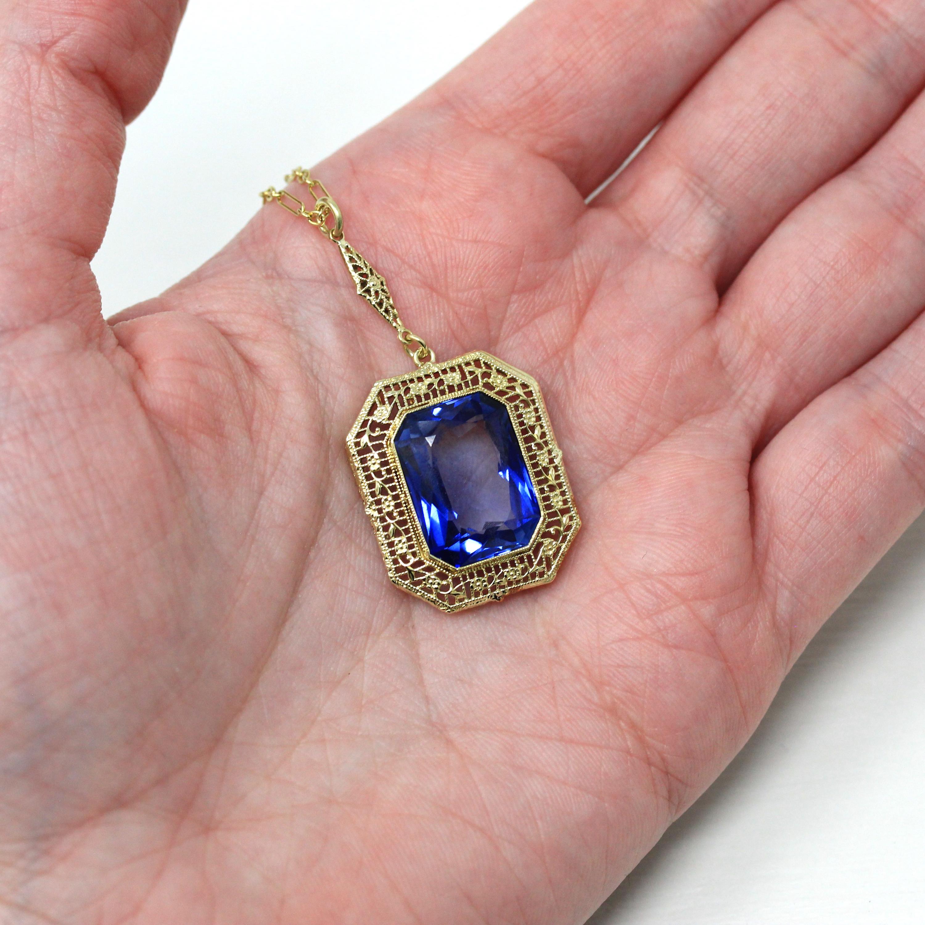 Art Deco Necklace - Vintage 14k Yellow Gold 10.91 CT Created Sapphire Statement - Circa 1930s Era Flower Filigree September Fine 30s Jewelry