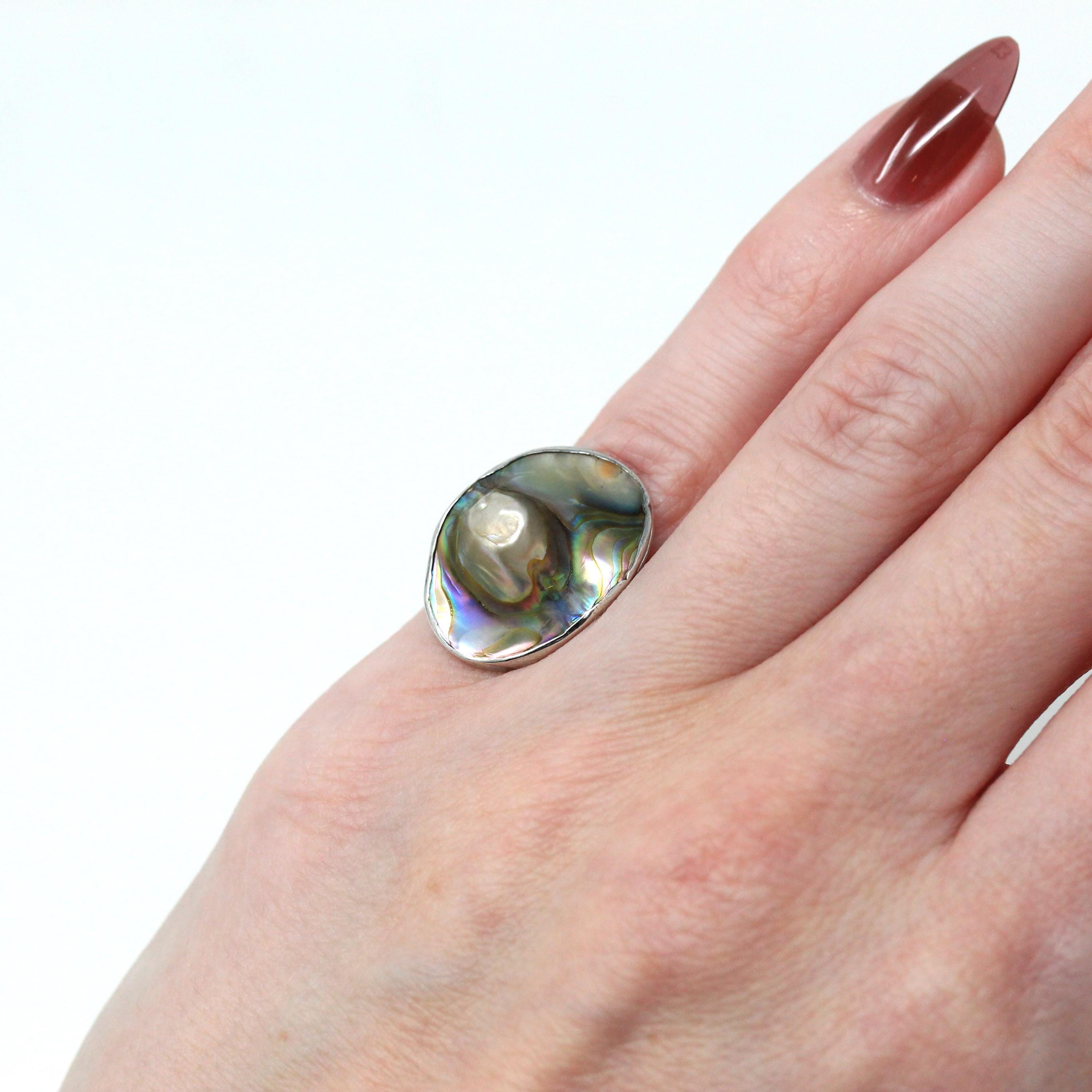 Blister Pearl Ring - Vintage Art Deco Era Sterling Silver Iridescent Organic Gem Statement - Circa 1930s Size 3 3/4 Unique 30s Oval Jewelry