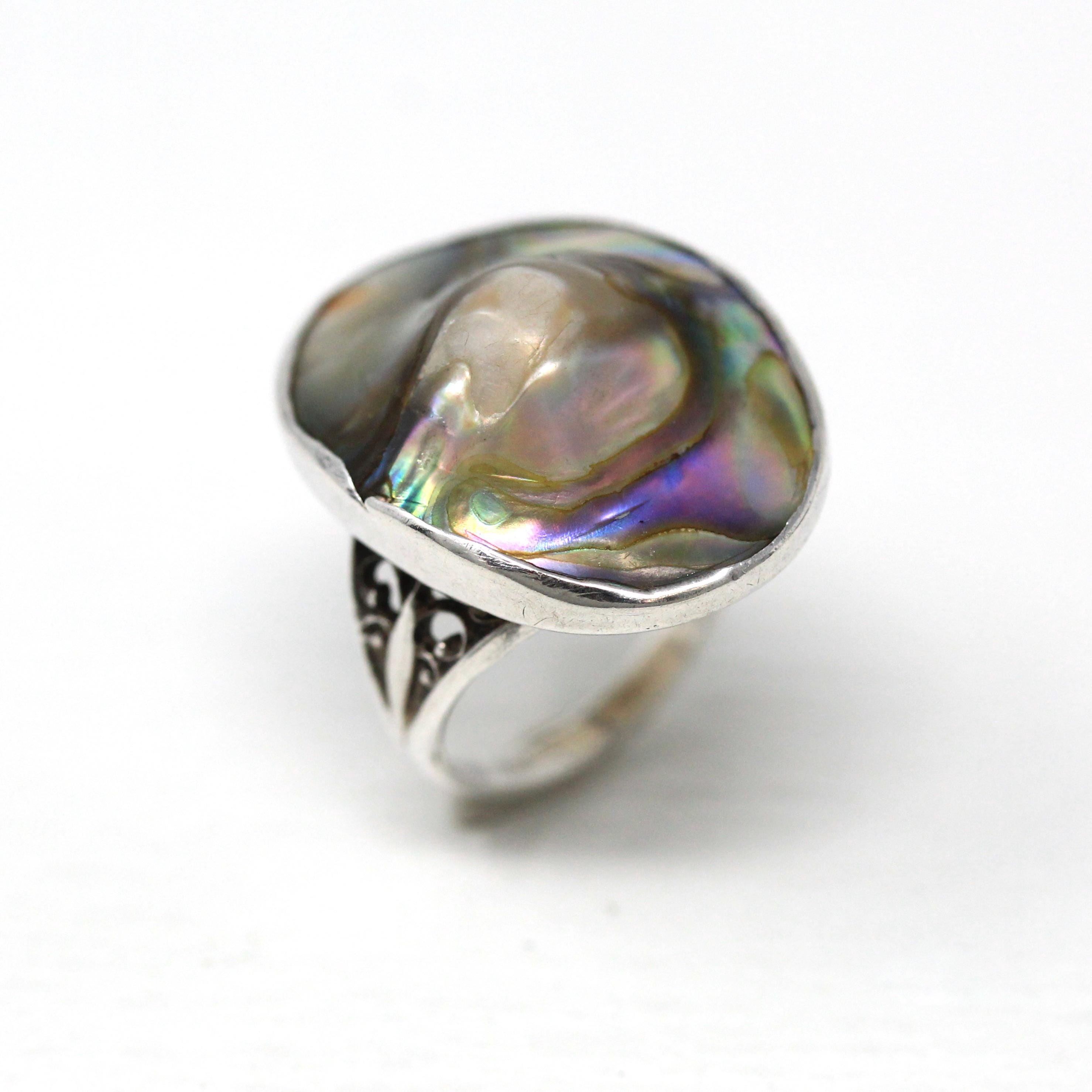 Blister Pearl Ring - Vintage Art Deco Era Sterling Silver Iridescent Organic Gem Statement - Circa 1930s Size 3 3/4 Unique 30s Oval Jewelry