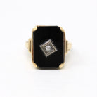 Genuine Onyx Ring - Retro 10k Yellow Gold Black Emerald Cut Gemstone - Vintage Circa 1940s Era Size 7 Diamond Gem Statement Fine Jewelry