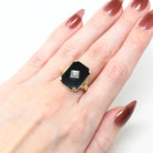 Genuine Onyx Ring - Retro 10k Yellow Gold Black Emerald Cut Gemstone - Vintage Circa 1940s Era Size 7 Diamond Gem Statement Fine Jewelry