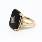 Genuine Onyx Ring - Retro 10k Yellow Gold Black Emerald Cut Gemstone - Vintage Circa 1940s Era Size 7 Diamond Gem Statement Fine Jewelry