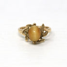 Tiger's Eye Ring - Retro 10k Yellow Gold Brown Gemstone Leaf Halo Statement - Vintage Circa 1970s Era Size 6 New Old Stock Fine 70s Jewelry