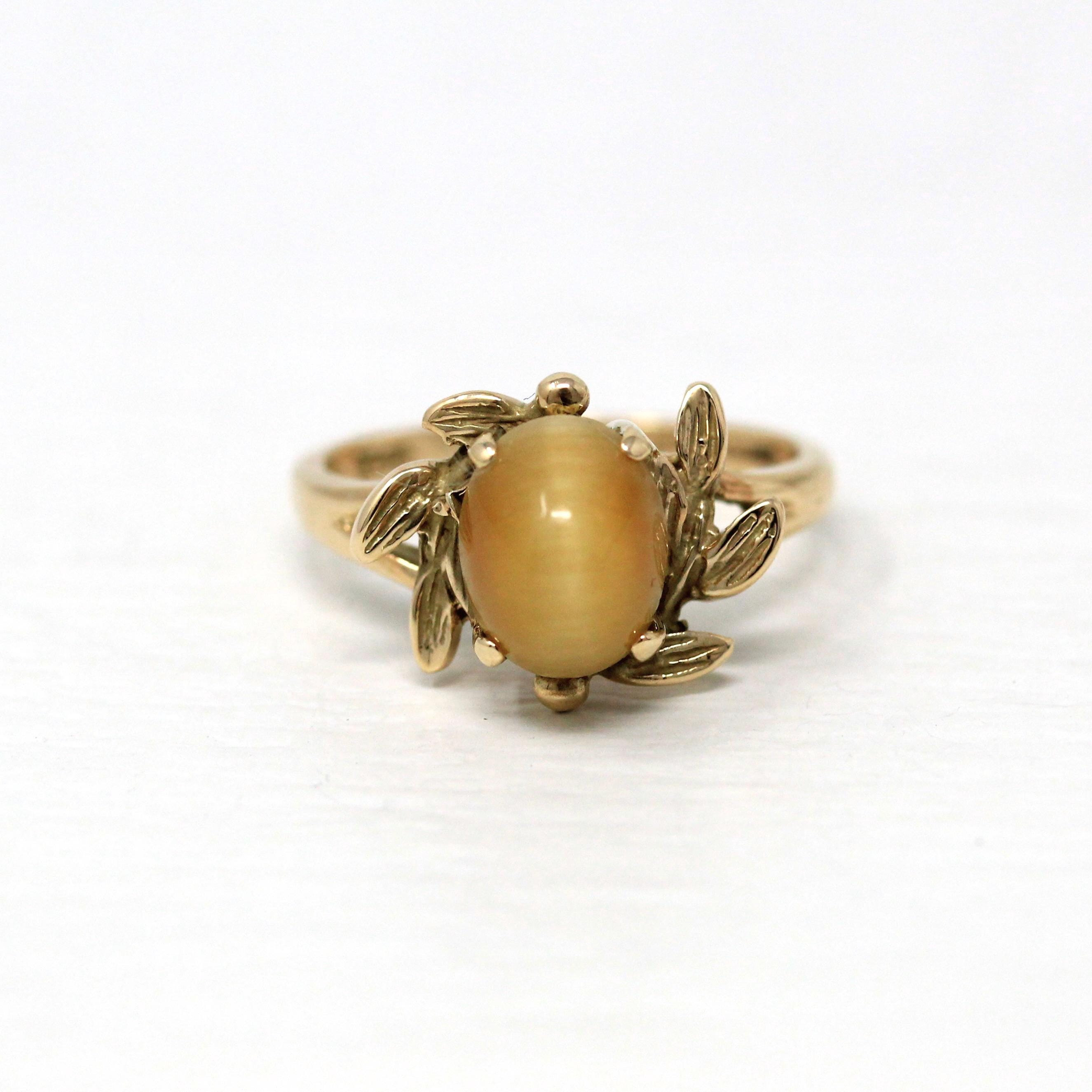 Tiger's Eye Ring - Retro 10k Yellow Gold Brown Gemstone Leaf Halo Statement - Vintage Circa 1970s Era Size 6 New Old Stock Fine 70s Jewelry