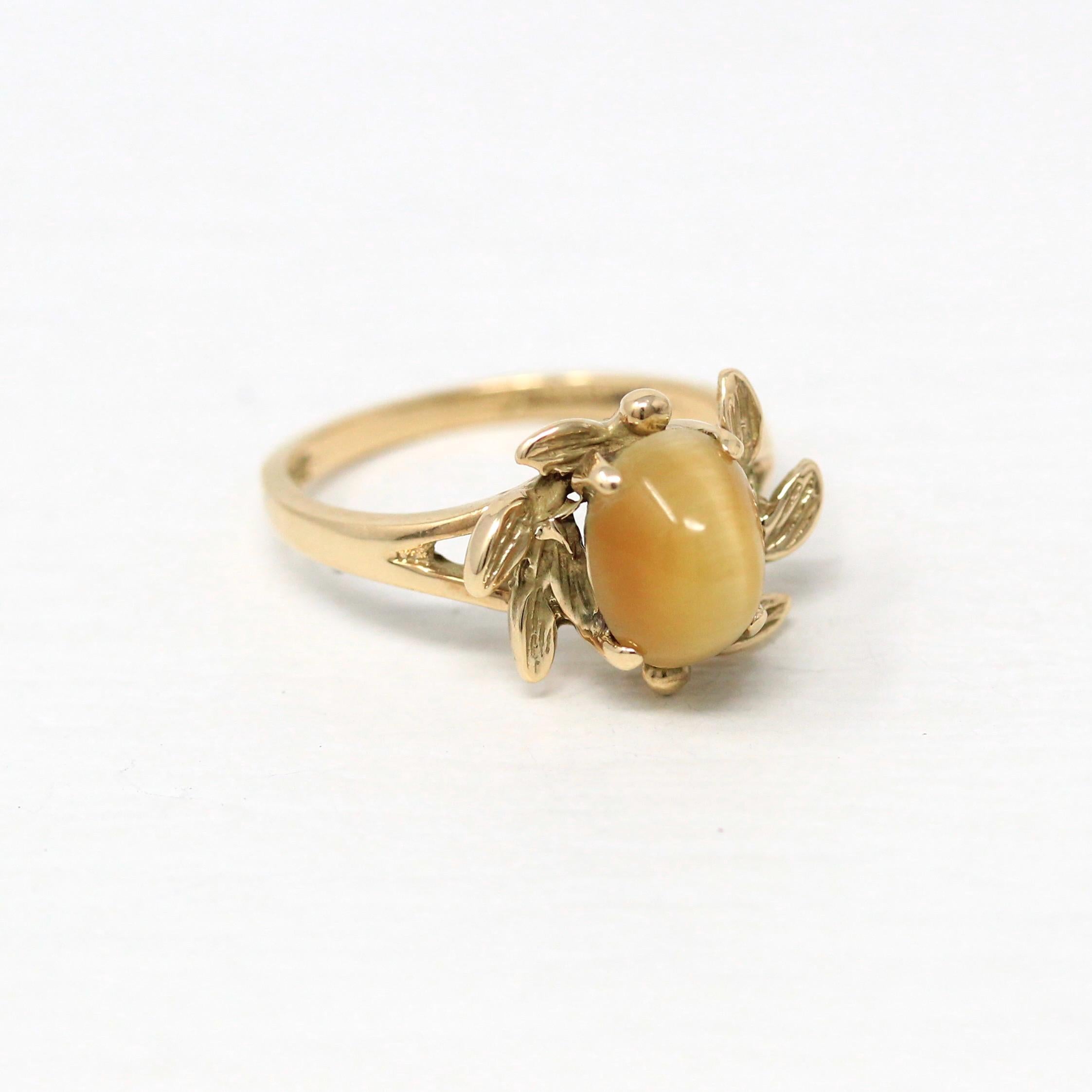 Tiger's Eye Ring - Retro 10k Yellow Gold Brown Gemstone Leaf Halo Statement - Vintage Circa 1970s Era Size 6 New Old Stock Fine 70s Jewelry