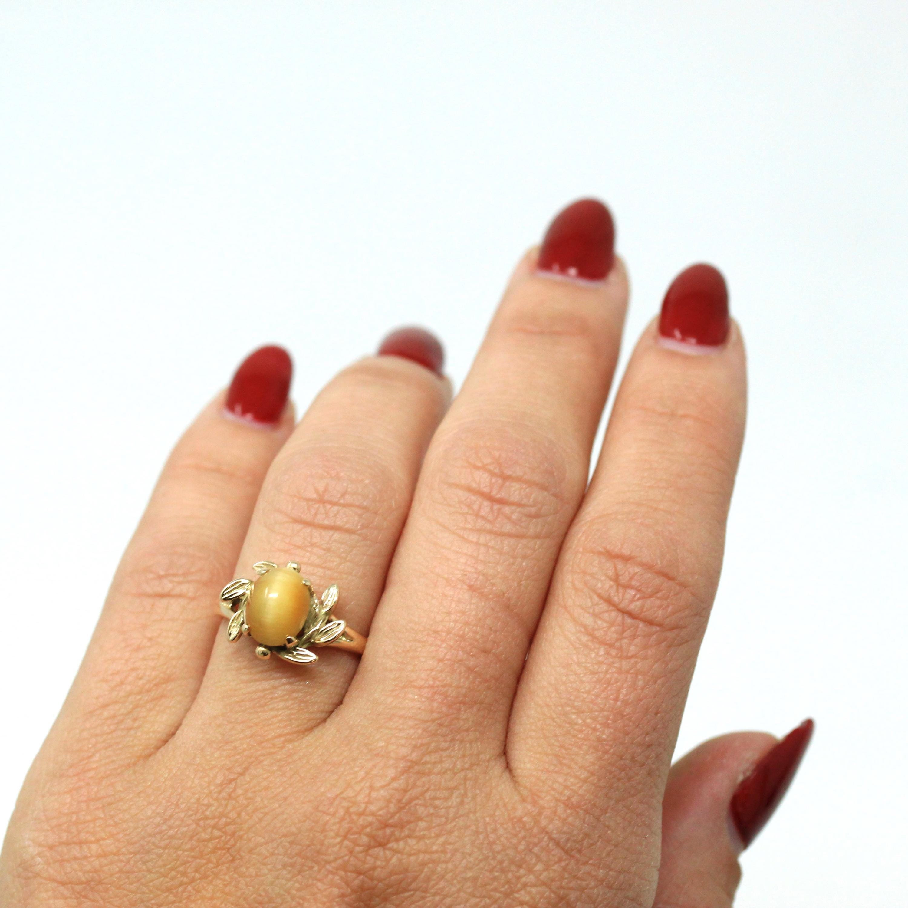 Tiger's Eye Ring - Retro 10k Yellow Gold Brown Gemstone Leaf Halo Statement - Vintage Circa 1970s Era Size 6 New Old Stock Fine 70s Jewelry