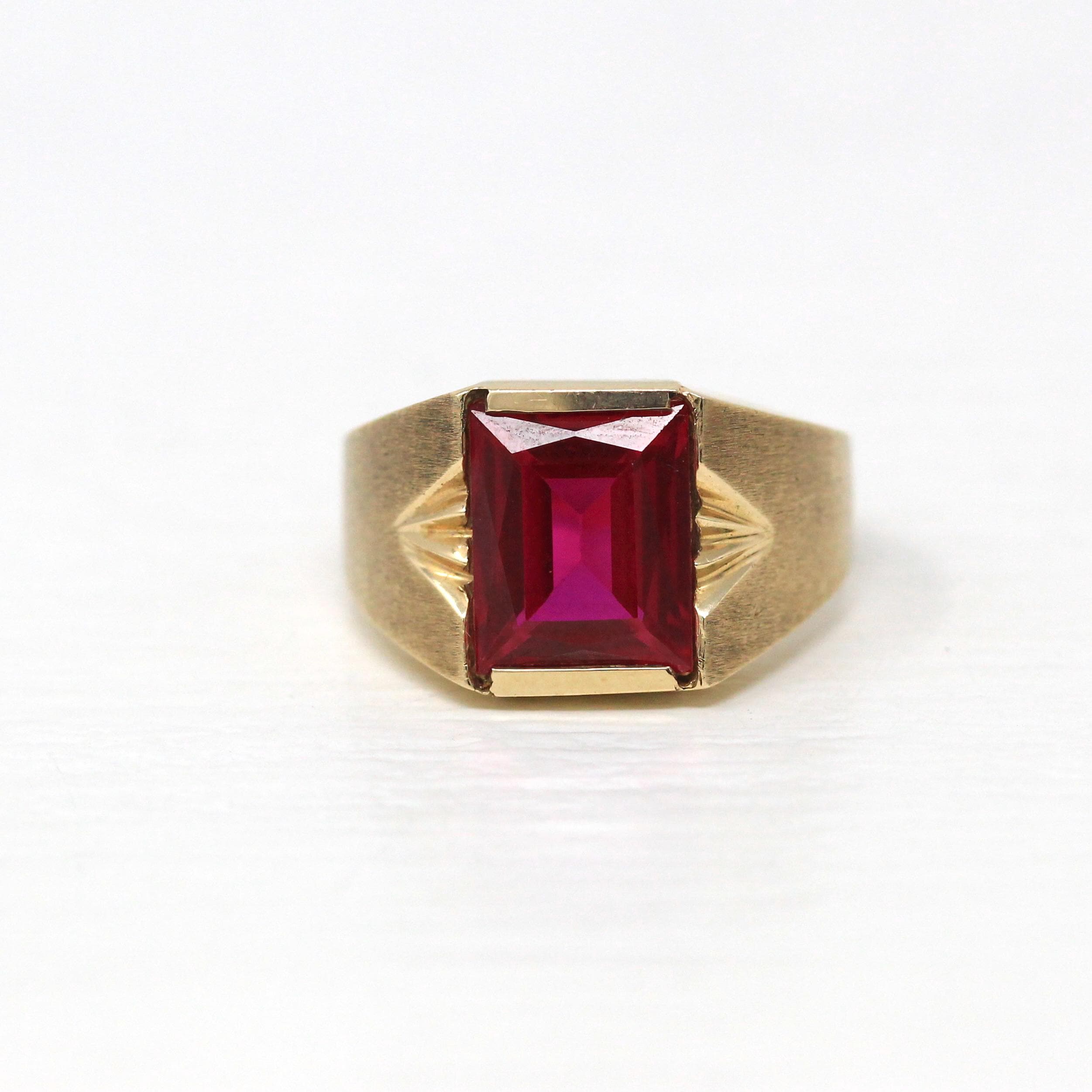 Created Ruby Ring - Retro 10k Yellow Gold Faceted Rectangular Stone - Vintage Circa 1960s Size 7 New Old Stock Unisex Statement Jewelry