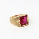 Created Ruby Ring - Retro 10k Yellow Gold Faceted Rectangular Stone - Vintage Circa 1960s Size 7 New Old Stock Unisex Statement Jewelry