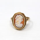 Vintage Cameo Ring - Retro 9k Yellow Gold Carved Genuine Oval Shell Woman Profile - Size 7 1/2 Dated 1975 Birmingham England Fine Jewelry