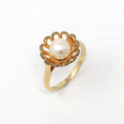 Cultured Pearl Ring - Retro 10k Yellow Gold Round White Gem - Vintage Circa 1970s Era Size 5 1/4 New Old Stock Statement Flower June Jewelry