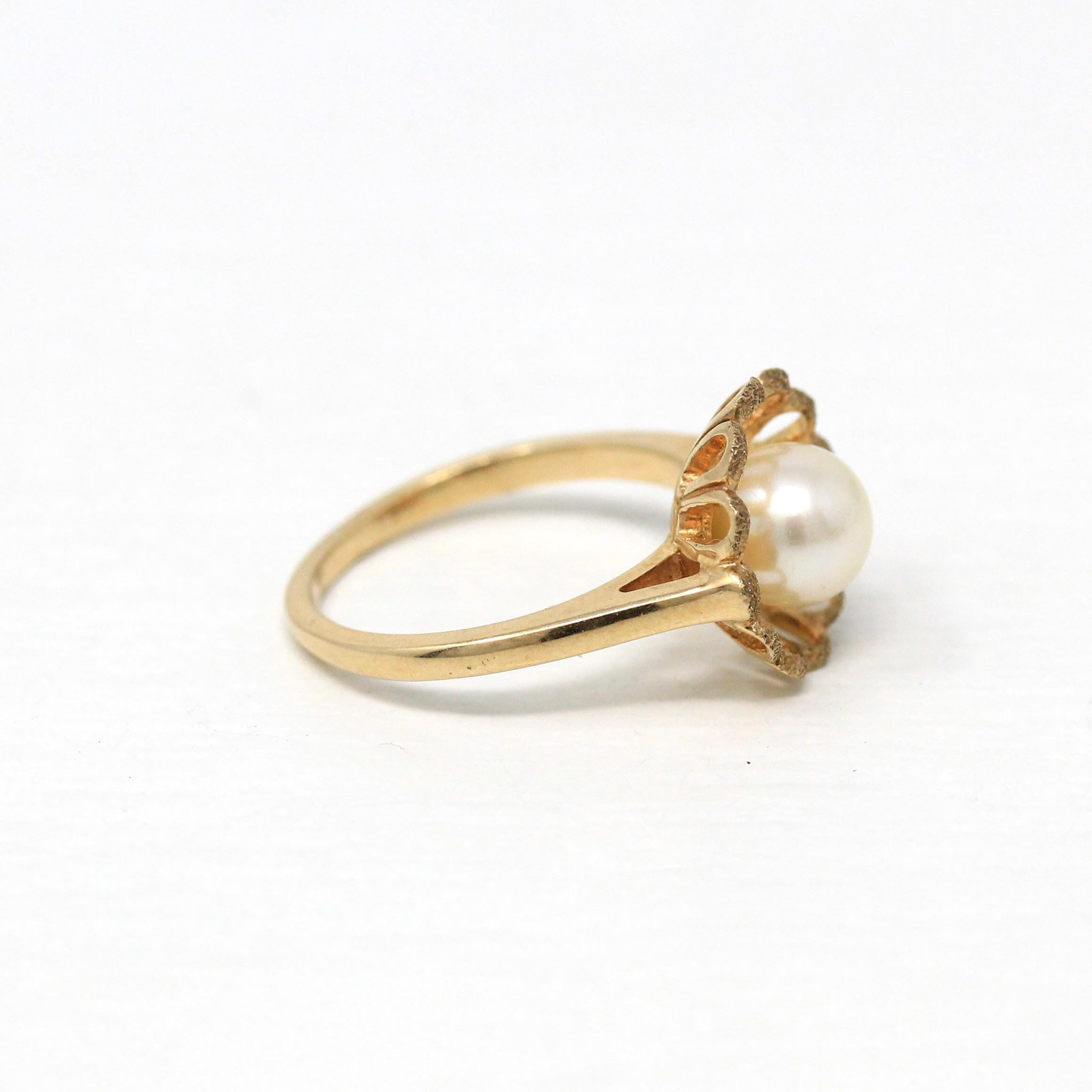 Cultured Pearl Ring - Retro 10k Yellow Gold Round White Gem - Vintage Circa 1970s Era Size 5 1/4 New Old Stock Statement Flower June Jewelry