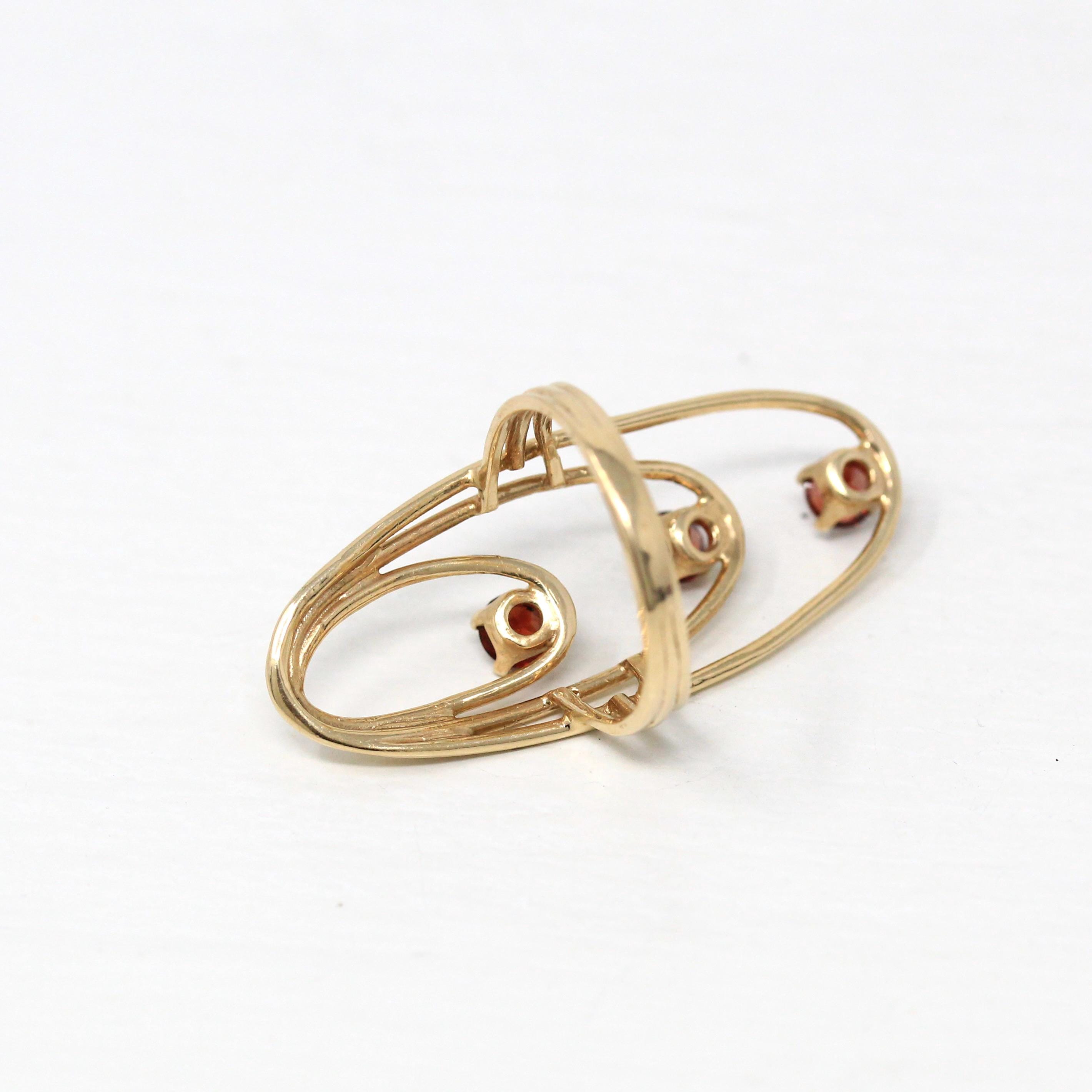 Vintage Garnet Ring - Retro 10k Yellow Gold Genuine Red Gem - Circa 1970s Size 6 January Birthstone Freeform Loop Statement Fine Jewelry