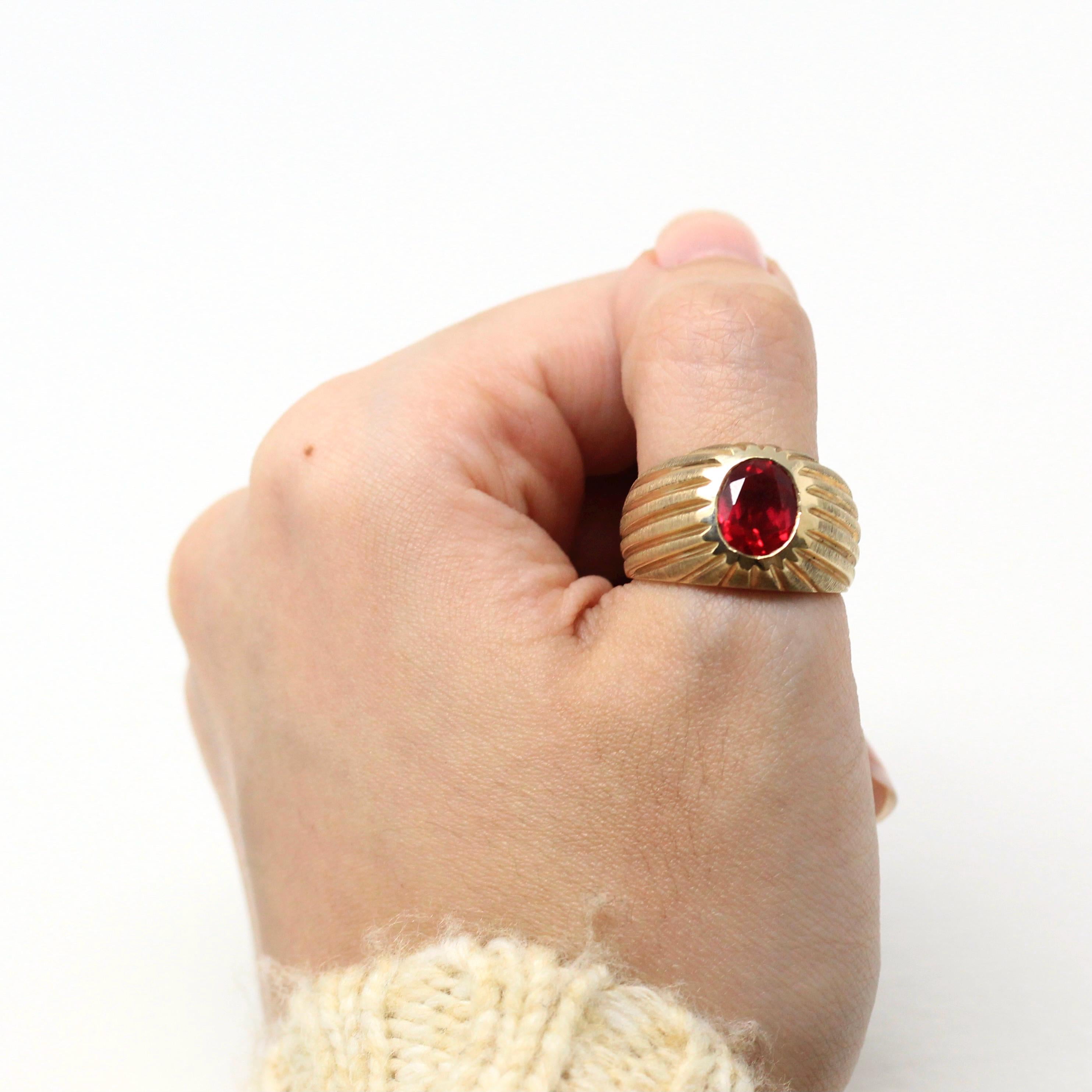 Created Ruby Ring - Retro 10k Yellow Gold Oval Cut Red Stone Chunky Men's Band - Vintage Circa 1960s Era Size 8 3/4 New Old Stock Jewelry