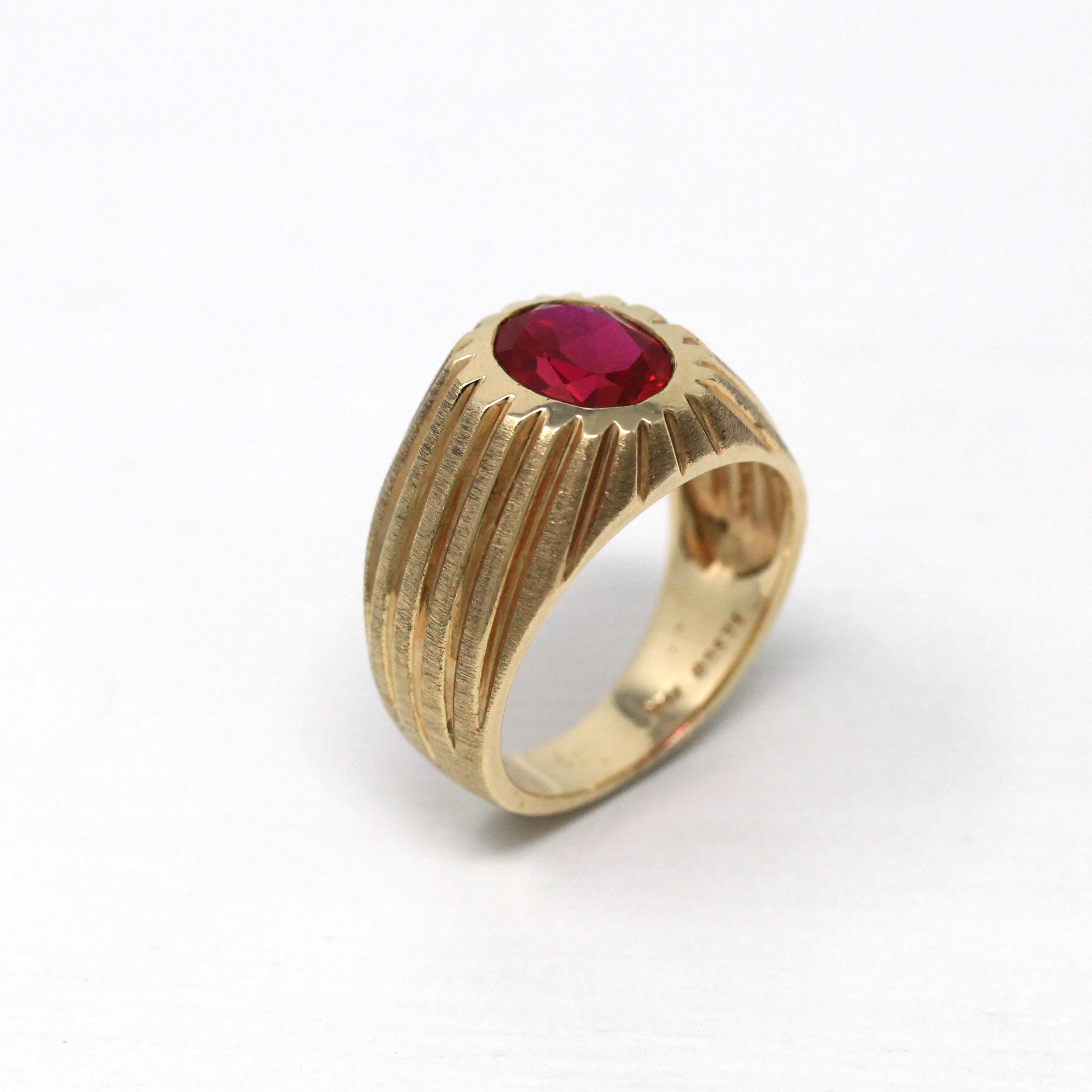 Created Ruby Ring - Retro 10k Yellow Gold Oval Cut Red Stone Chunky Men's Band - Vintage Circa 1960s Era Size 8 3/4 New Old Stock Jewelry