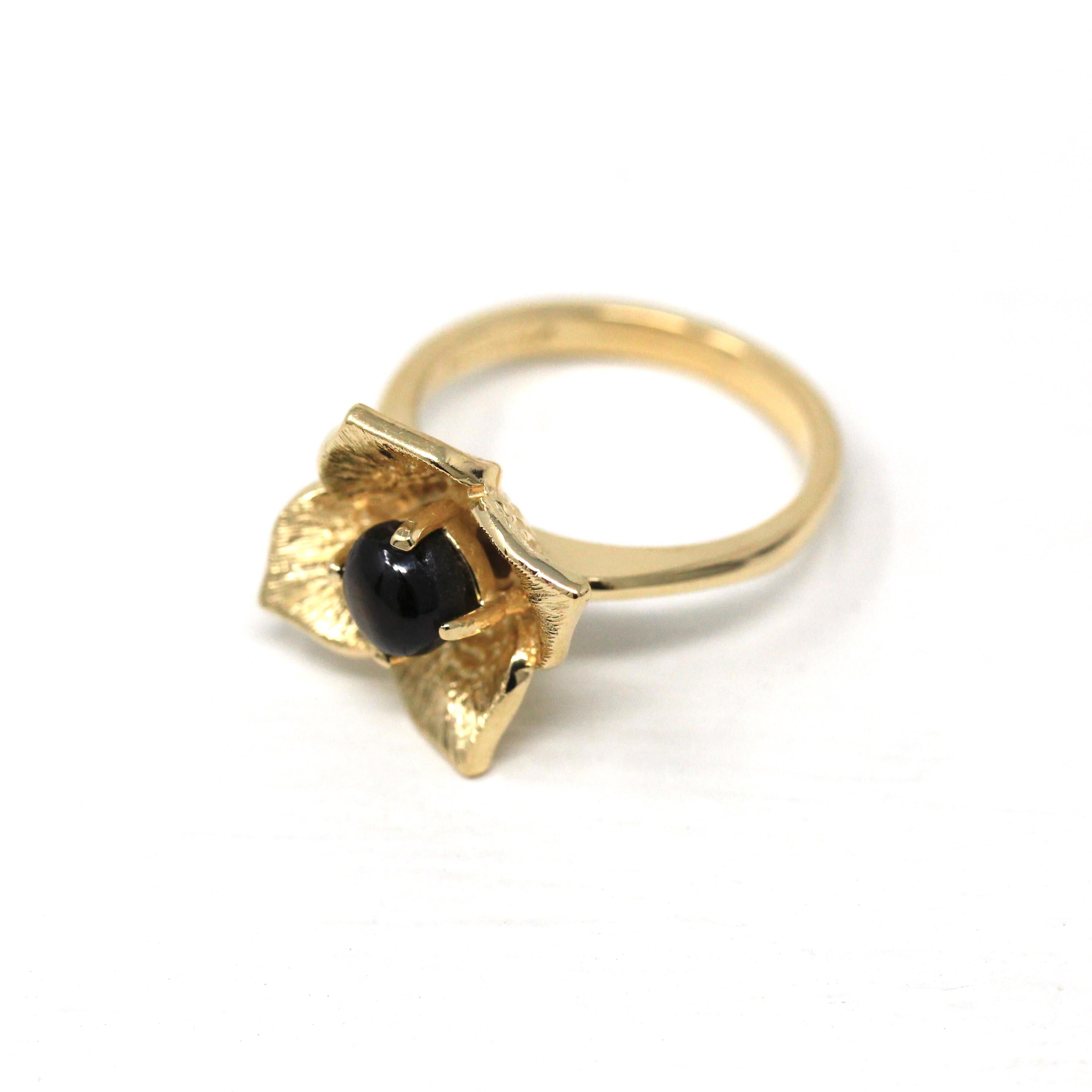 Black Star Sapphire Ring - Retro 14k Yellow Gold Genuine Gemstone Flower Petals - Vintage Circa 1960s Era Size 6 New Old Stock Fine Jewelry