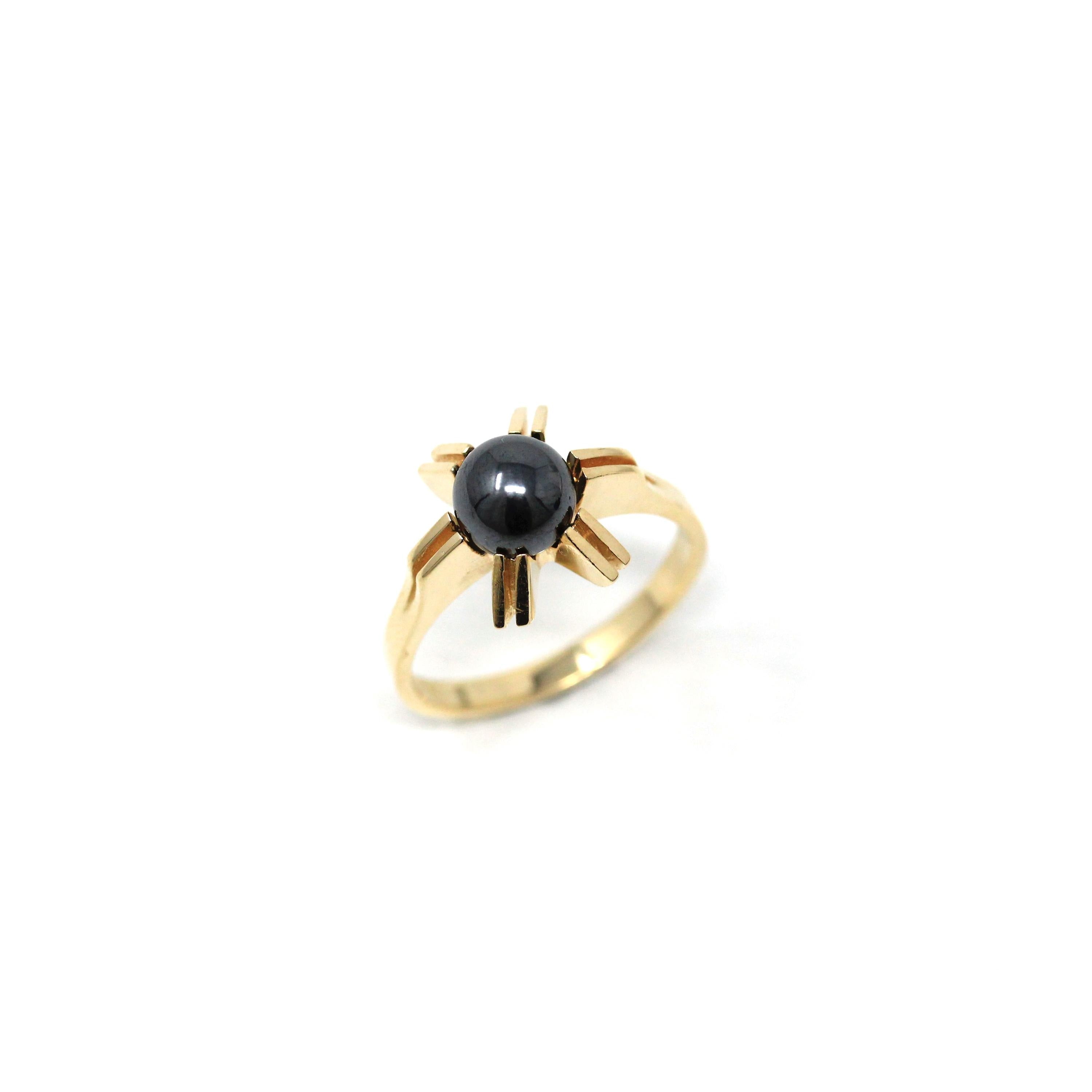 Vintage Hematite Ring - Retro 10k Yellow Gold Round Spherical Gray Gemstone Solitaire - Circa 1960s Era Size 6 1/4 Star Fine Jewelry