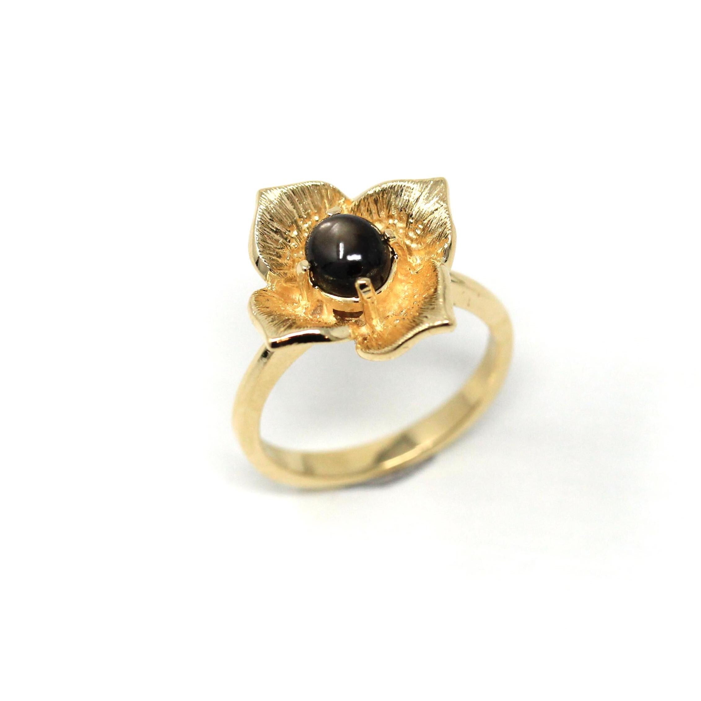 Black Star Sapphire Ring - Retro 14k Yellow Gold Genuine Gemstone Flower Petals - Vintage Circa 1960s Era Size 6 New Old Stock Fine Jewelry