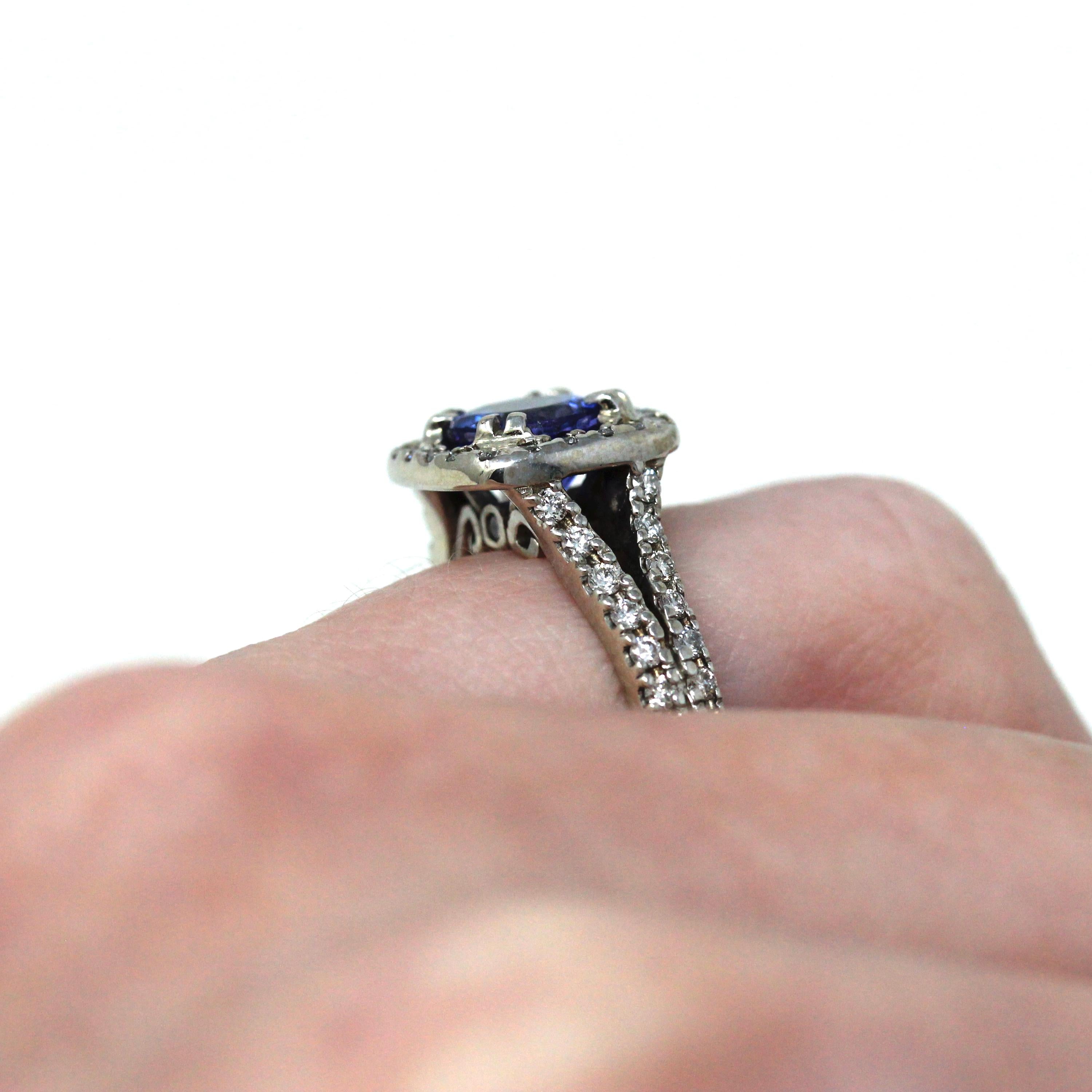 Tanzanite & Diamond Ring - Modern 18k White Gold Round Faceted 1.00 CT Gemstone - Estate 2000s Size 5 1/4 Fine Engagement Halo Jewelry